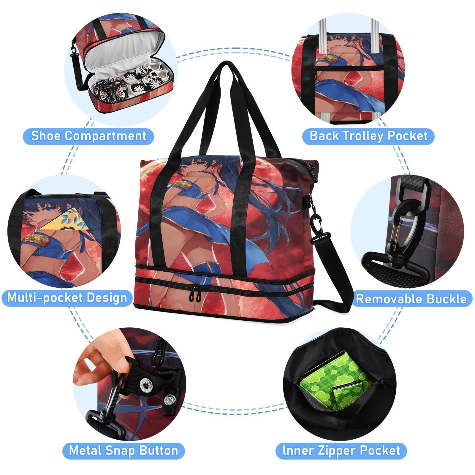 Bolsas de viaje de estilo anime, con fondo de luna roja, con bolsillo mojado, correa ajustable, para gimnasio, para viaje, juego de 2 piezas para hombres y mujeres