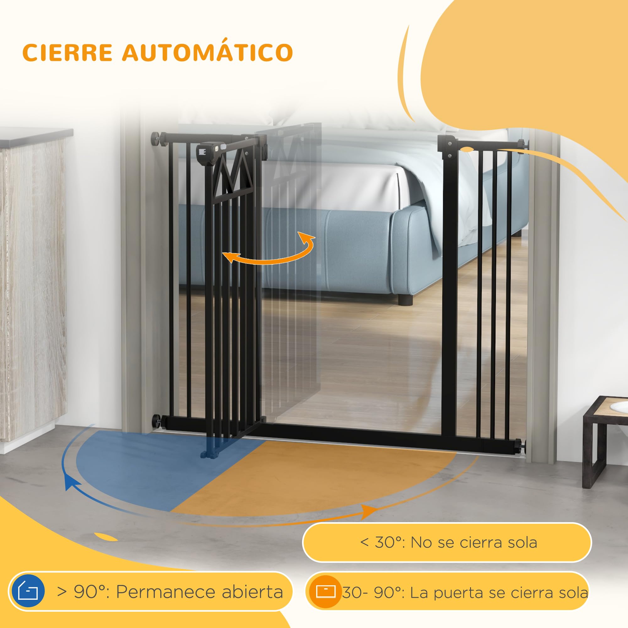 PawHut Barrera de Seguridad para Perros Extensible 74-100 cm, para Puertas y Escaleras, Barrera para Perros con Cierre Automático, Doble Bloqueo, Montaje a Presión y 2 Extensiones 7/14 cm, Negro