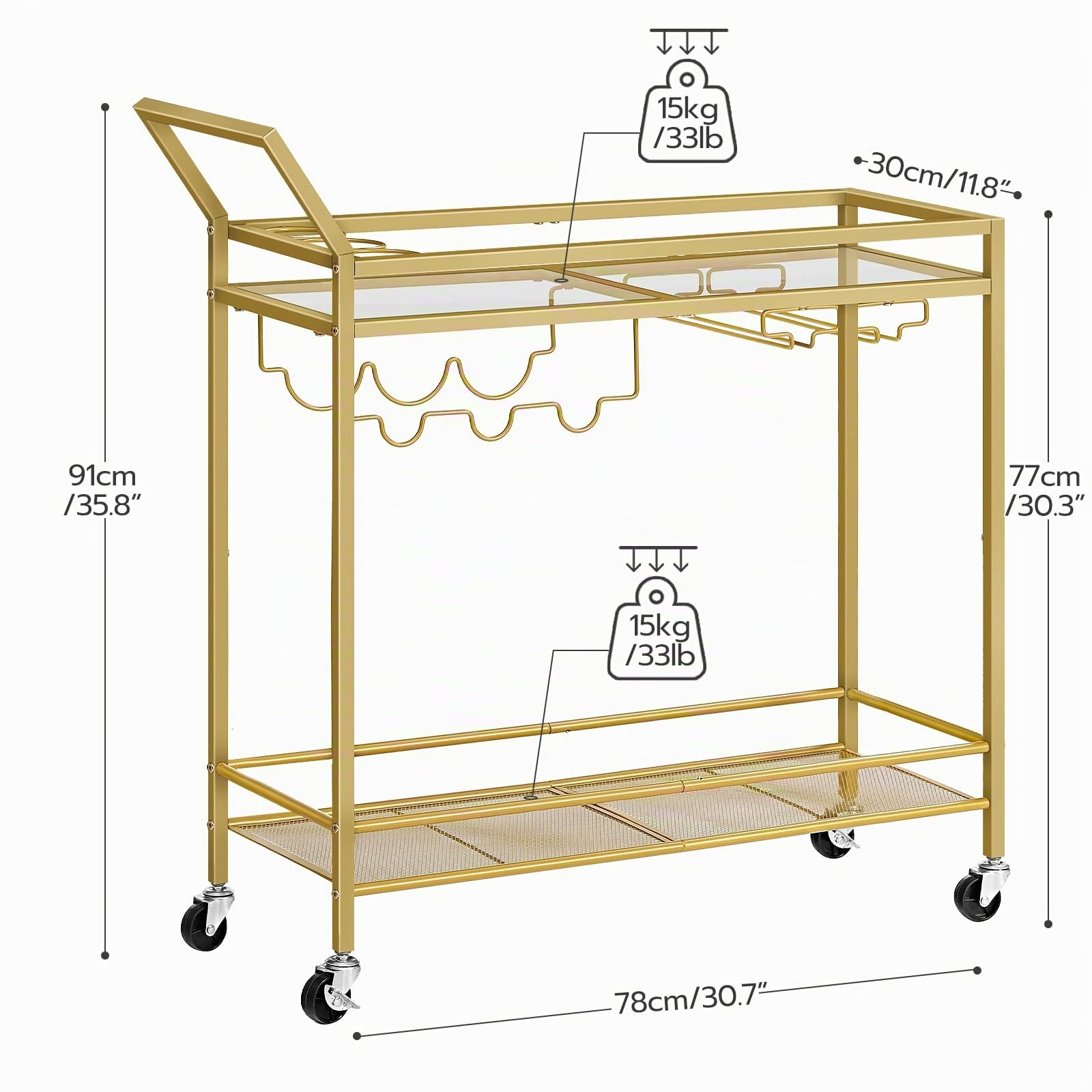 HOOBRO Carrello da Bar con Portabottiglie per Vino e Portacalici, Carrello da Servizio a 2 Livelli, con Ruote e Bordi Rialzati, per Sala da Pranzo, Soggiorno, Giardino, Festa, Pub, Dorato EGD11TC01