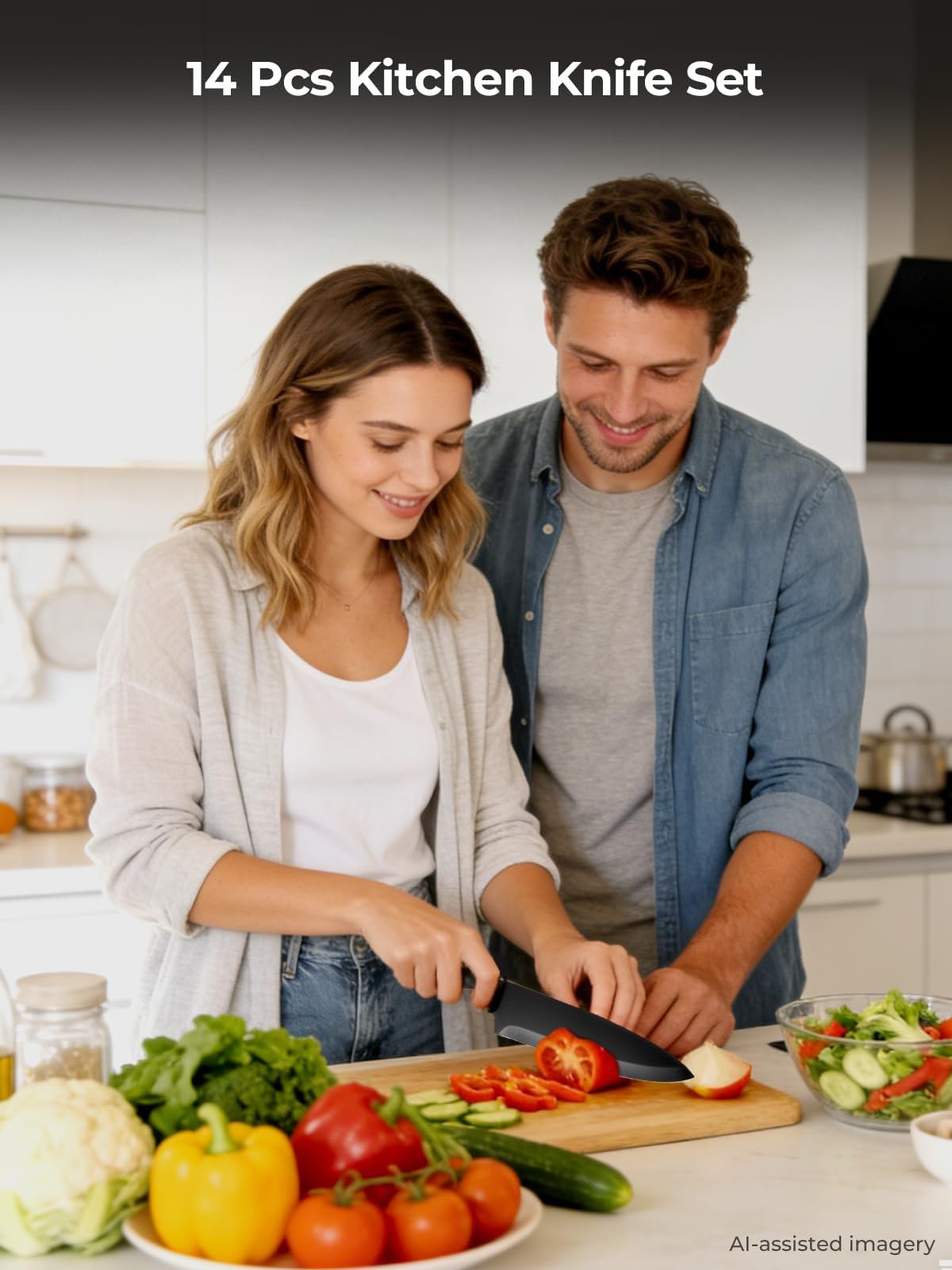 D.Perlla Couteau Cuisine, 15 Pièces Bloc Couteaux Cuisine en Acier Inoxydable, Ensemble de Couteaux Professionnels avec Bloc Couteaux en Bois, Super Aiguisé