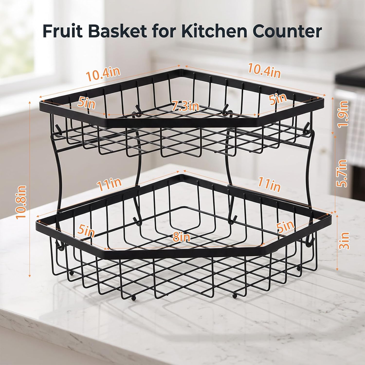 2 Tier Fruit Basket for Kitchen Counter Detachable Fruit Bowl with Removable Banana Hanger Metal Wire Fruits Stand Holder Organizer with Handles for Kitchen Living Room Bathroom Bread Vegetable Snack