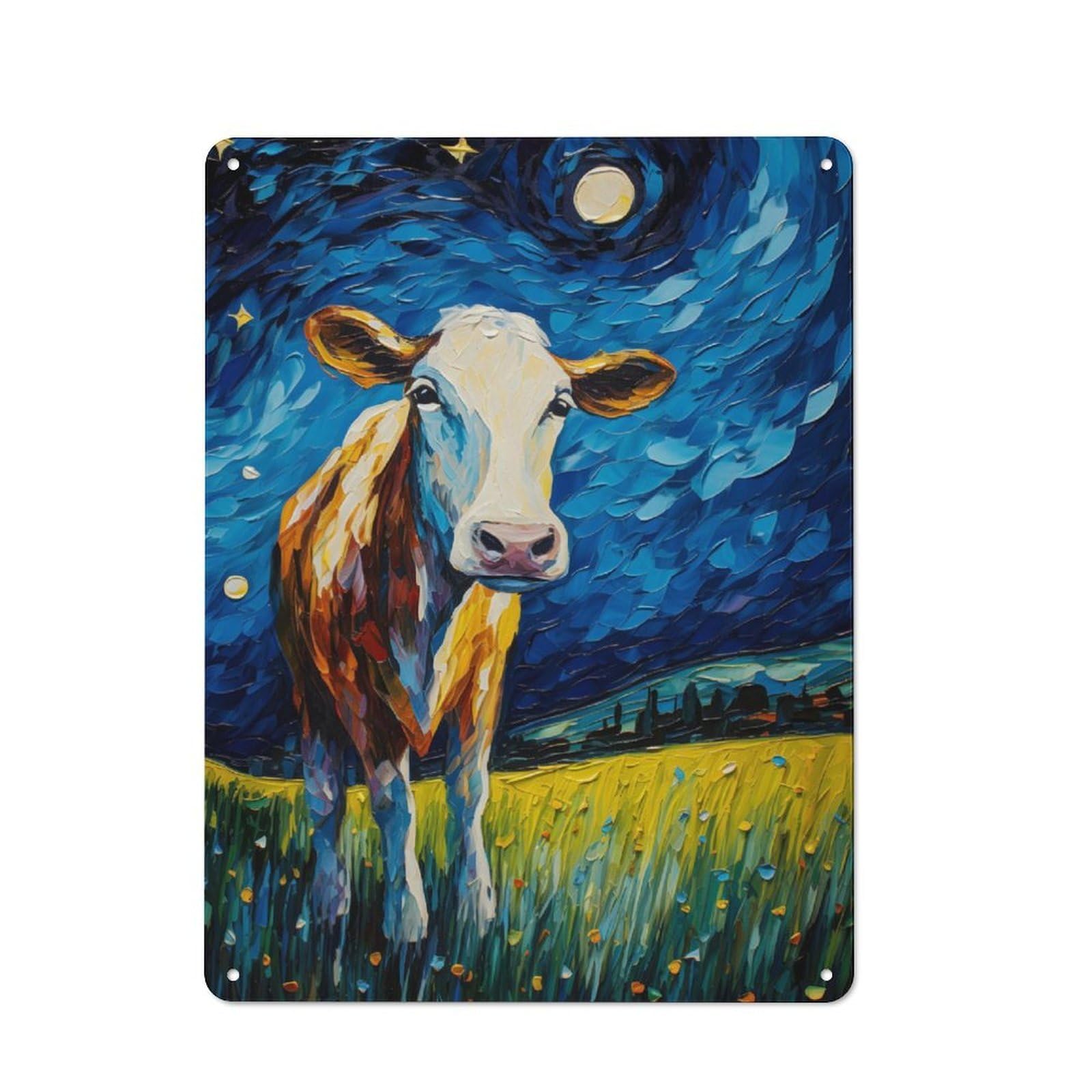 Junmoney The Starry Night Cow Metal Wall Sign 40X30cm Featuring For Garage Wall, A Housewarming Gift For People Furnishing A Garage