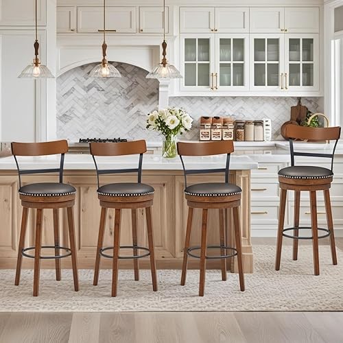 Miniatura 8 de ERGOMASTER Bar Stools Set of 2 Swivel Bar Height Bar Stools for Kitchen Island, PU Leather Upholstered Barstools with Back & Solid Rubber Wood Legs