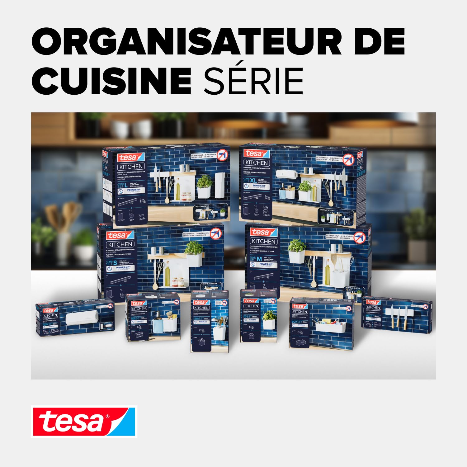 Tesa Rangement de Cuisine Combiné M - Barre de Crédence Autocollante avec Pot à Herbes, 2 Étagères, Porte-Ustensiles, Barre à Crochets Comprenant 3 Crochets - Montage sans Perçage - Bambou/Blanc
