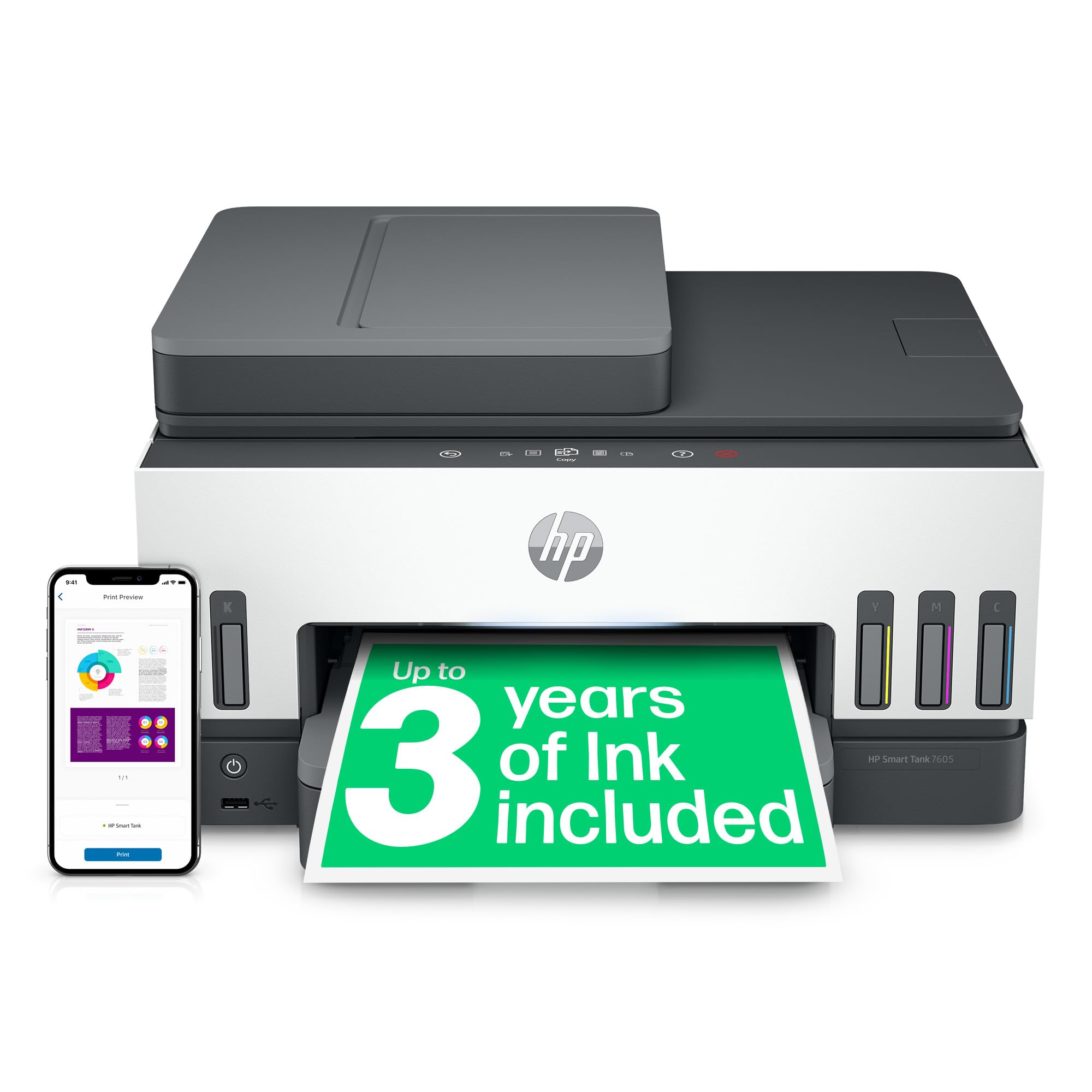 HP Smart Tank 7605 All in One Printer | Perfect for Home | Colour | Wireless, Ethernet | Print, Scan, Copy, Fax | Refillable, Includes up to 3 Years of Ink | 2-Sided Printing | Document FeederBlue Angel