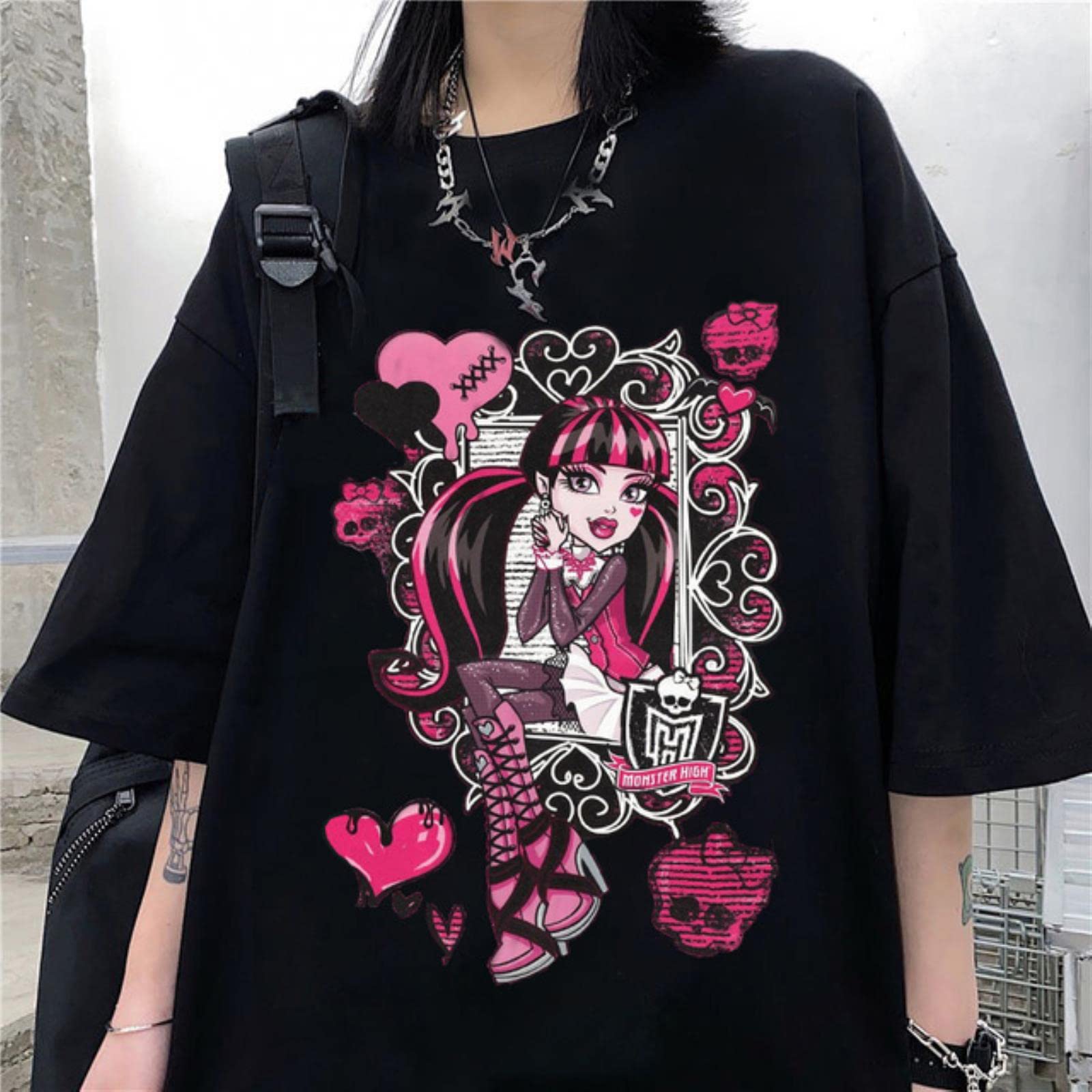 Choux Women's Black4 Harajuku Cartoon Gothic Print Short-Sleeved Retro T-Shirt Top Summer Street O-Neck Sweet Girly T-Shirt-,M