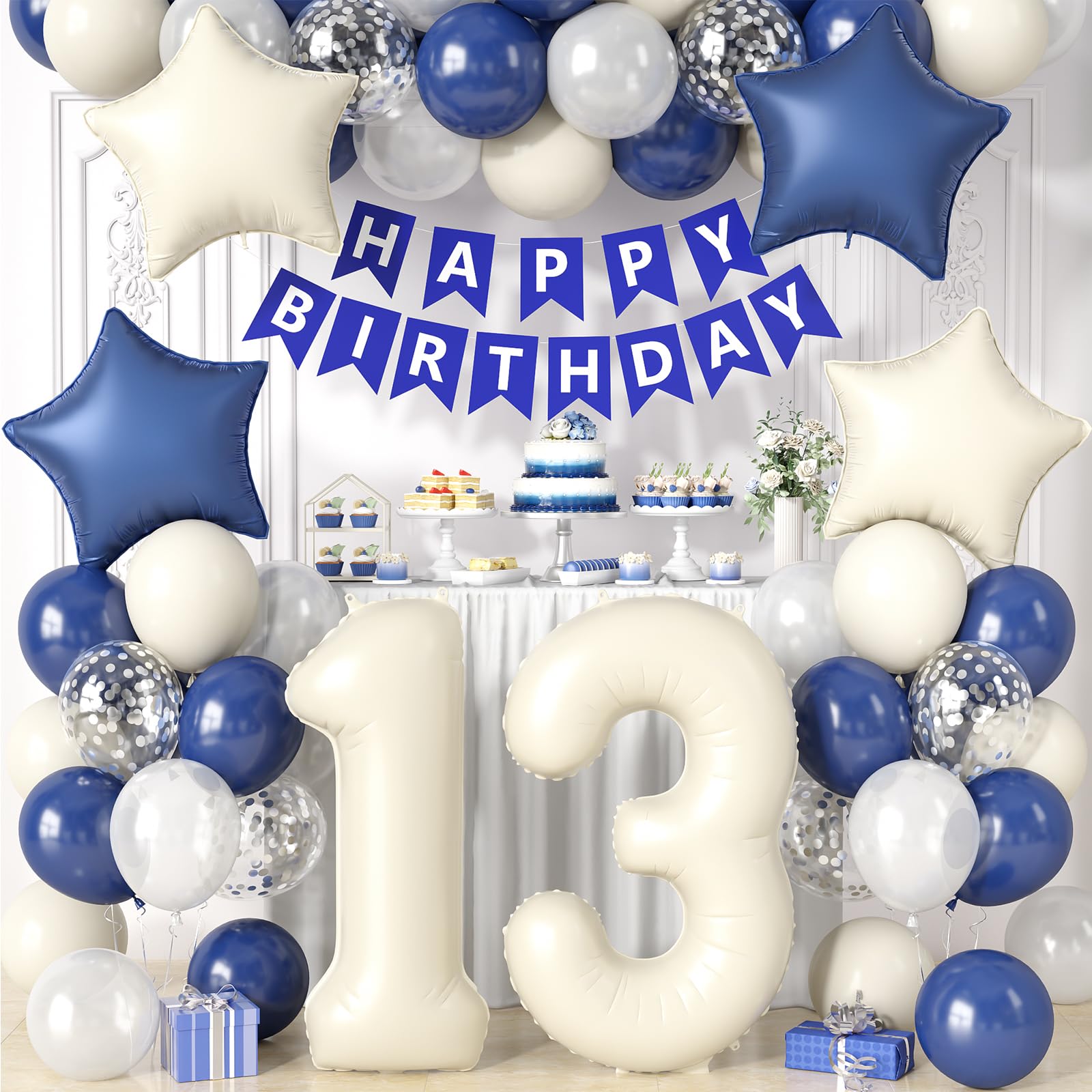 13th Birthday Decorations Blue White,Happy 13th Birthday Decorations with Navy Blue Silver Cream White Balloons Beige 13 Number Balloon Birthday