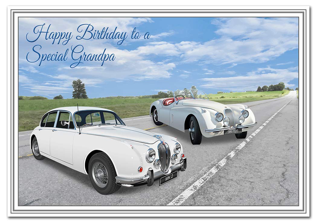 Grandpa Birthday Card - Classic Car Vintage Collage - Cool Vector Art - Special Unique Unusual - Happy Adult Teenage Greeting Wishes - Blank inside - Made in UK
