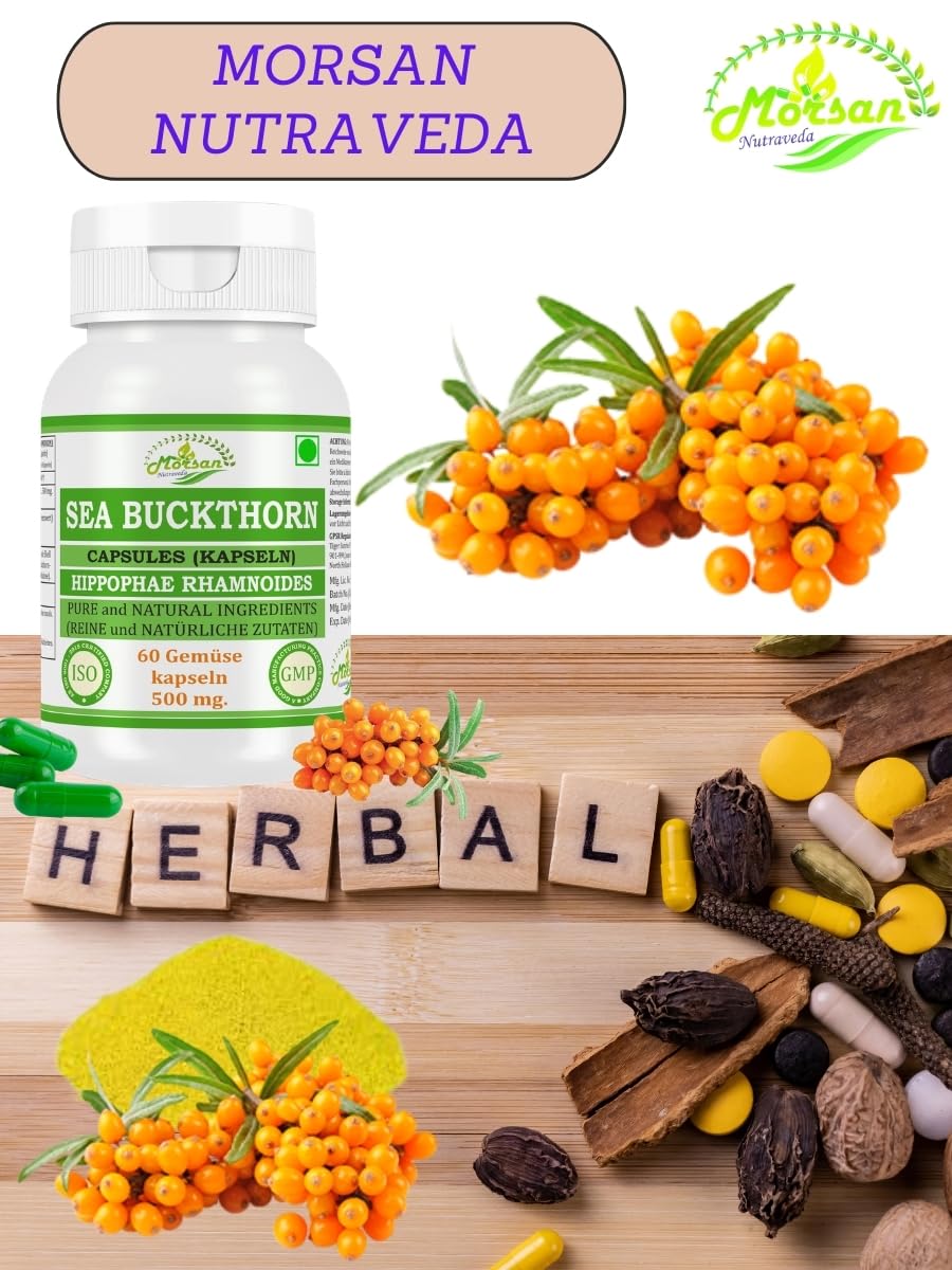 Sea Buchthorn-Kapseln 500 mg. 60 Veganer. Einheiten | Sea Buchthorn (Hippophae rhamnoides) Extrakt-Kapseln für Männer und Frauen | Ayurvedische Kräuterergänzung/Heilmittel (2 Flasche mit 60 Kapseln)