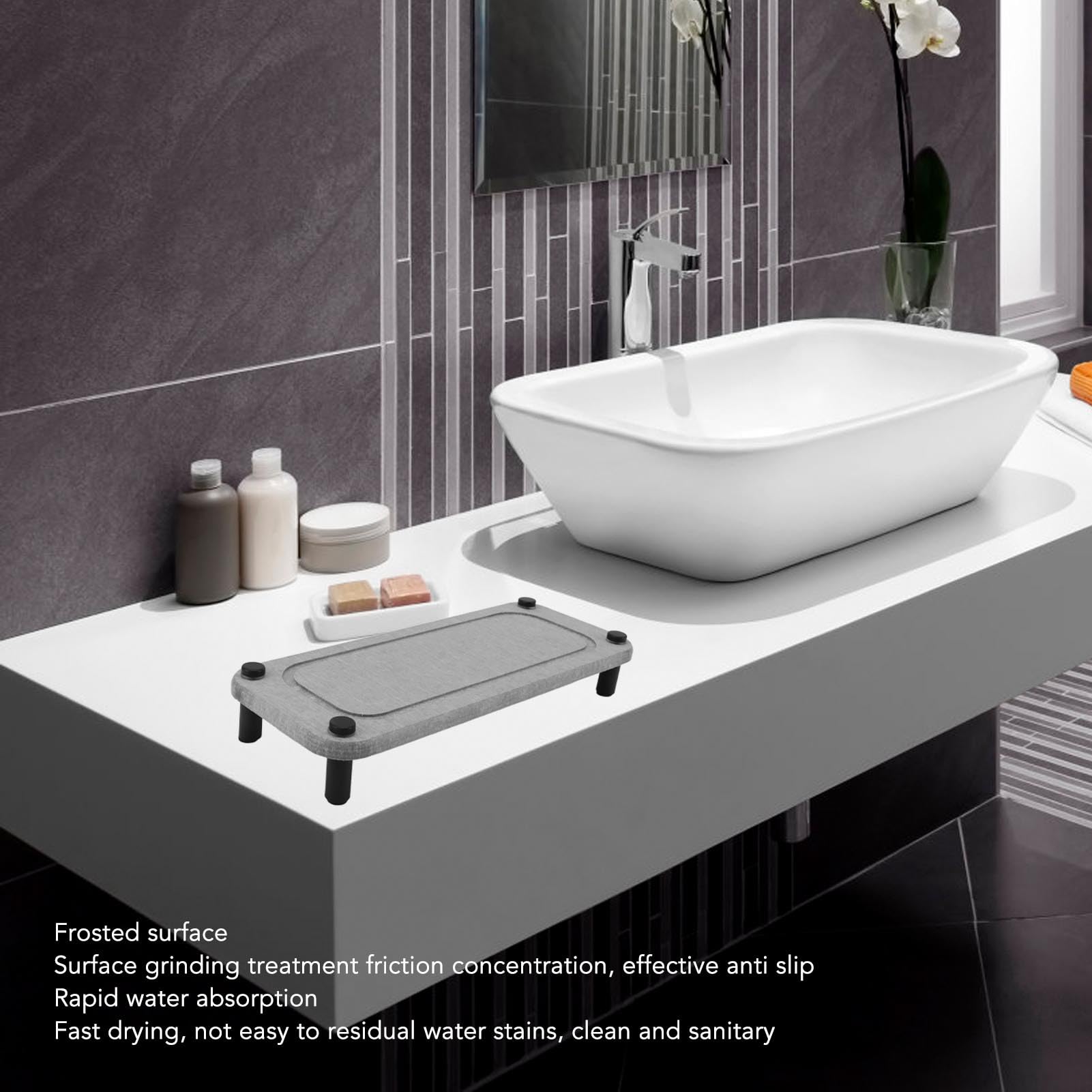 TOPINCN Absorbent Diatom Mud Mat Over The Sink Organizer with Stainless Steel Feet, Diatomaceous Earth Sink Tray for Bottles Toothbrush Cup (Gray)