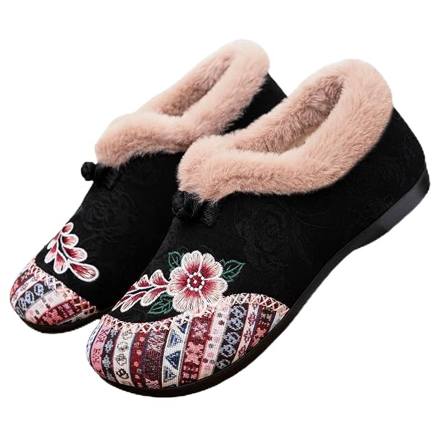 Boots Womens Warm Floral Embroidered Winter Fleece Lined Cozy Lightweight Non-Slip Everyday Shoes