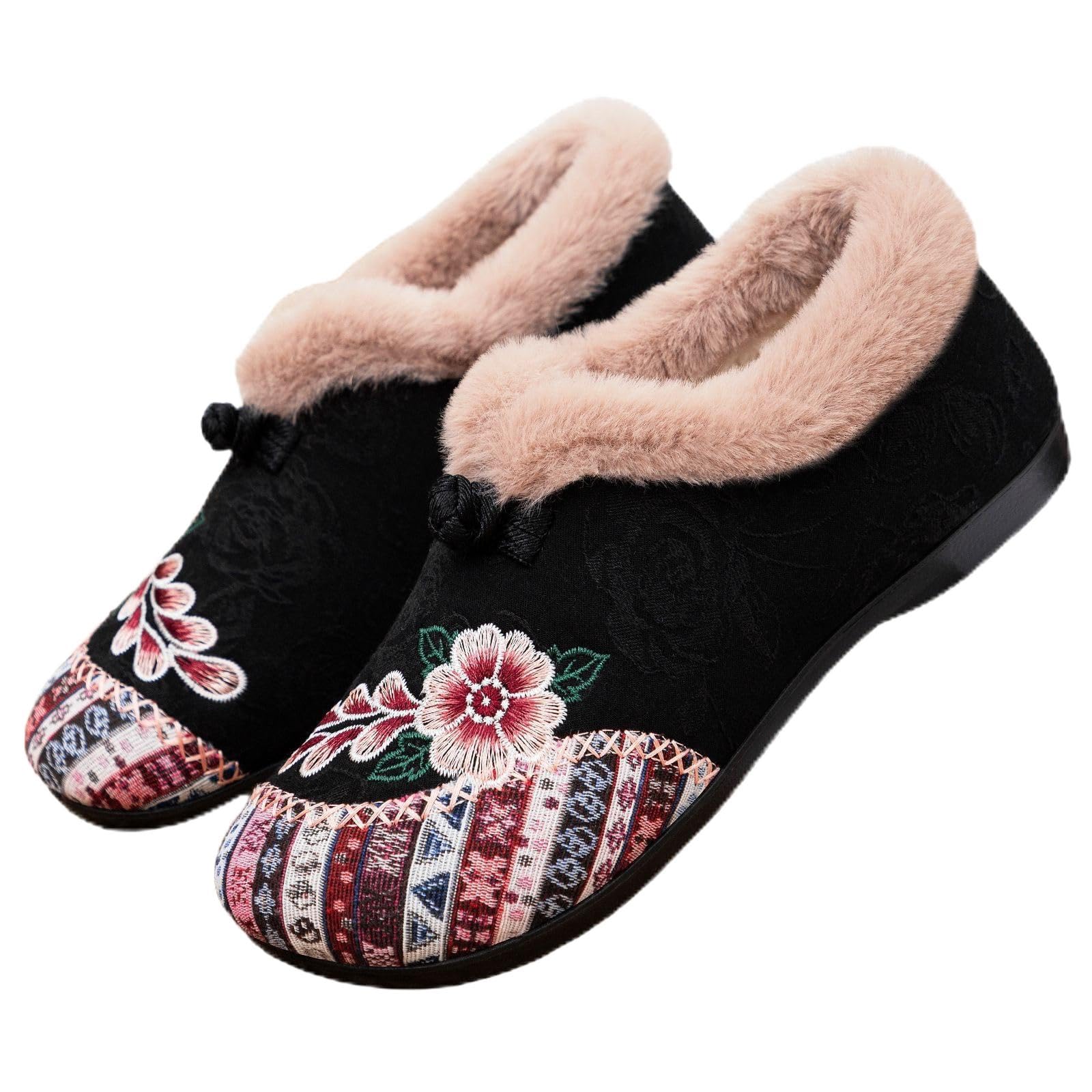 Boots Womens Warm Floral Embroidered Winter Fleece Lined Cozy Lightweight Non-Slip Everyday Shoes