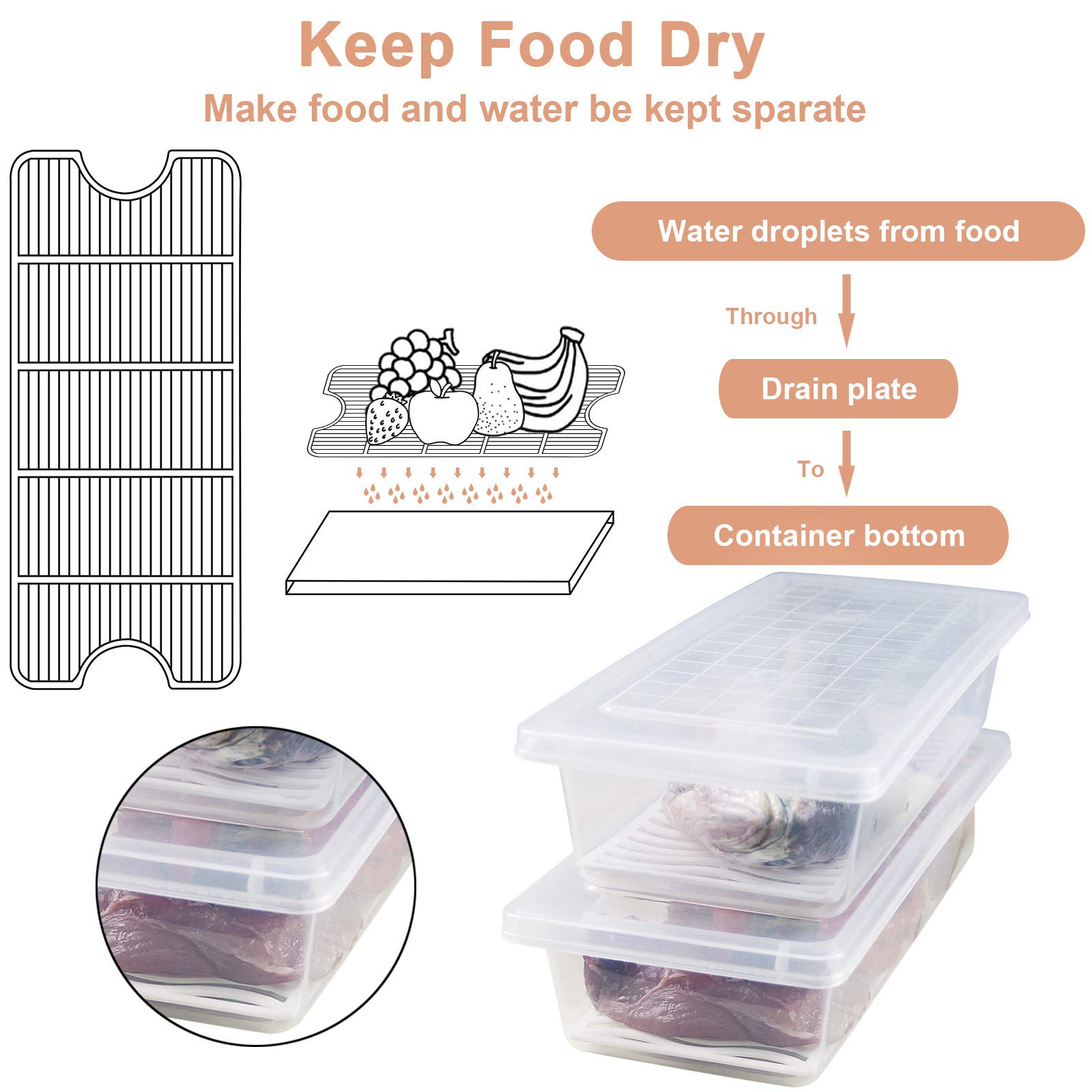 Contenedor de almacenamiento de alimentos, contenedores de plástico con placa de drenaje extraíble y tapa, contenedores apilables portátiles para congelador, bandeja para guardar frutas,