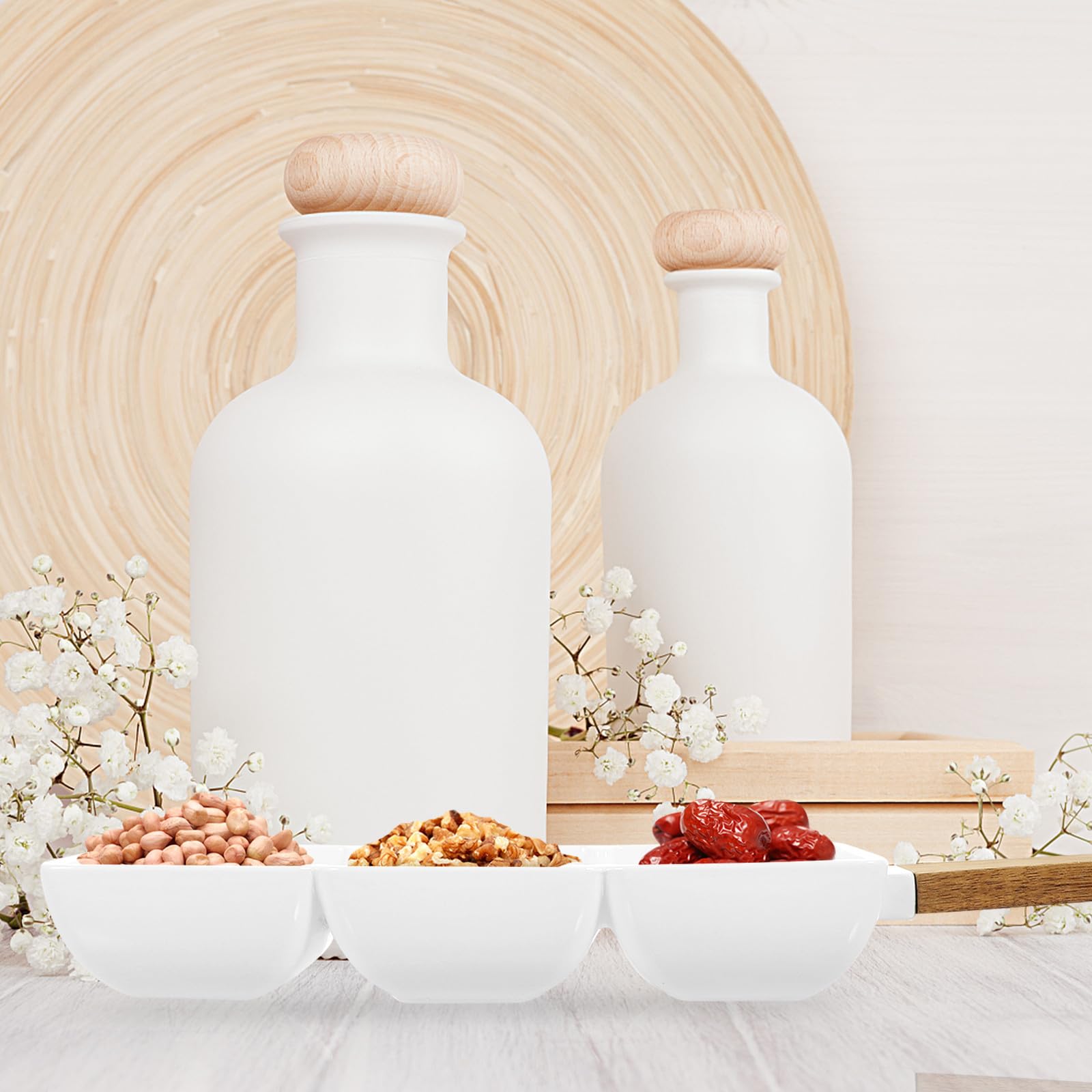 Cuenco de Cerámica Blanco de Triple Compartimento 2 Piezas | Formato Cuadrado, Ligero y Portátil, para Aperitivos, Postres y Ensaladas en Hogar u Hotel