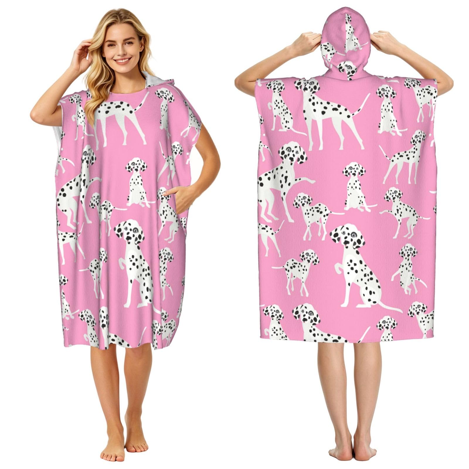 Poadnly Cute Dalmatian Dog, Adult Hooded Beach Towel 90 x 110 cm,Changing Bath Robe, Surf Poncho Towel For Women Men