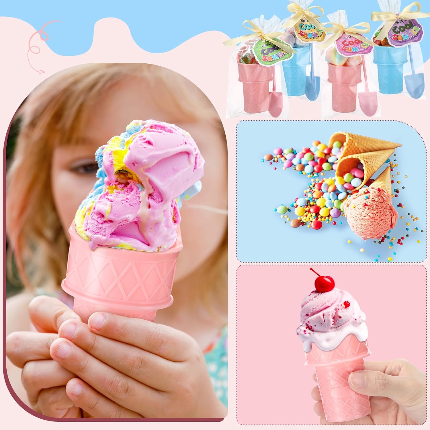 24 Pack Ice Cream Party Favors for Kids End of Year Gifts Including 24 Plastic Ice Cream Bowls and 24 Spoons with Have a Cool Summer Cards for Children Sundae Frozen Yogurt Summer Holiday Pool Beach