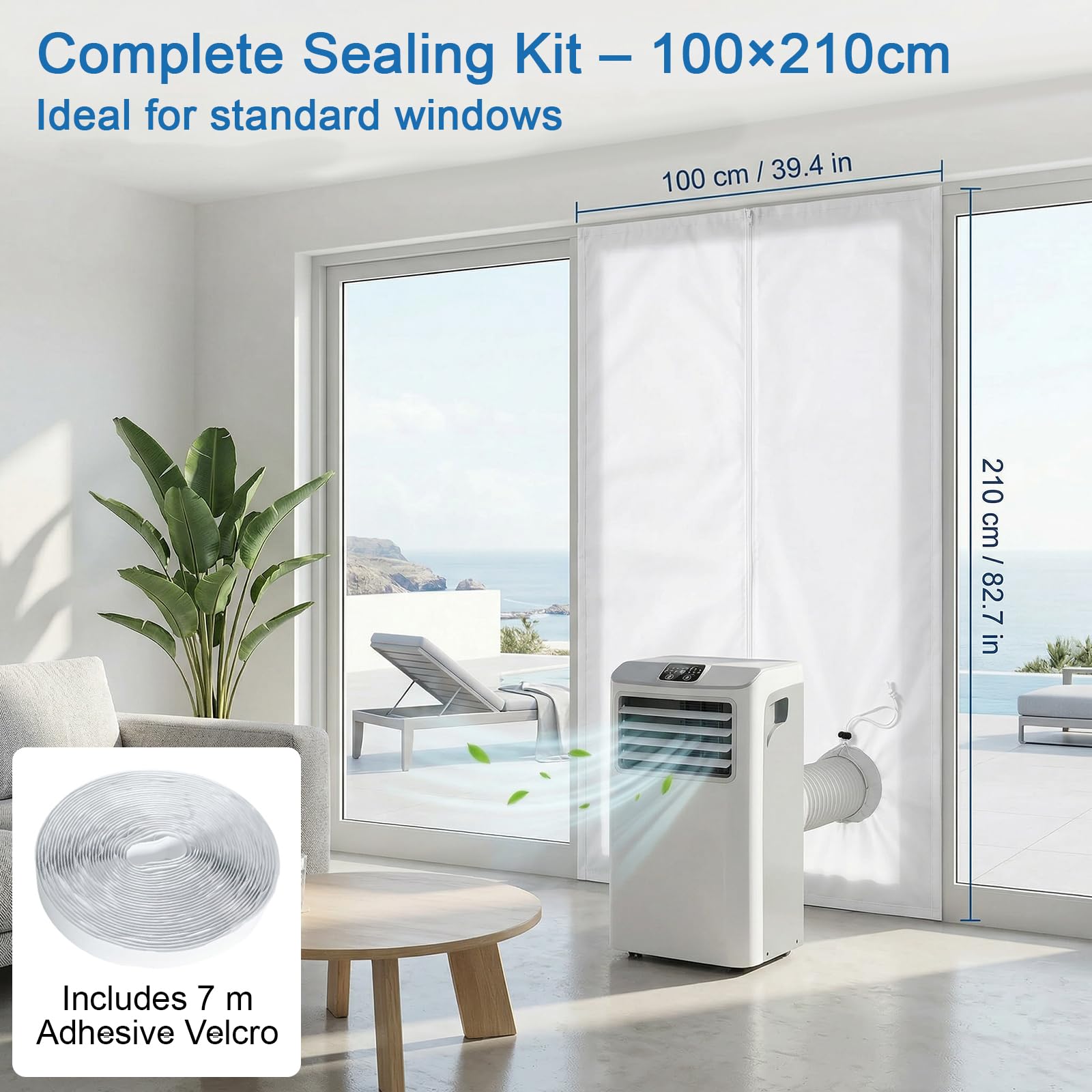 Kit d’étanchéité mobile pour climatiseur – 100 × 210 cm avec cordon | La solution idéale pour les fenêtres standards Avec ses dimensions de 100 × 210 cm, ce kit d’étanchéité convient.