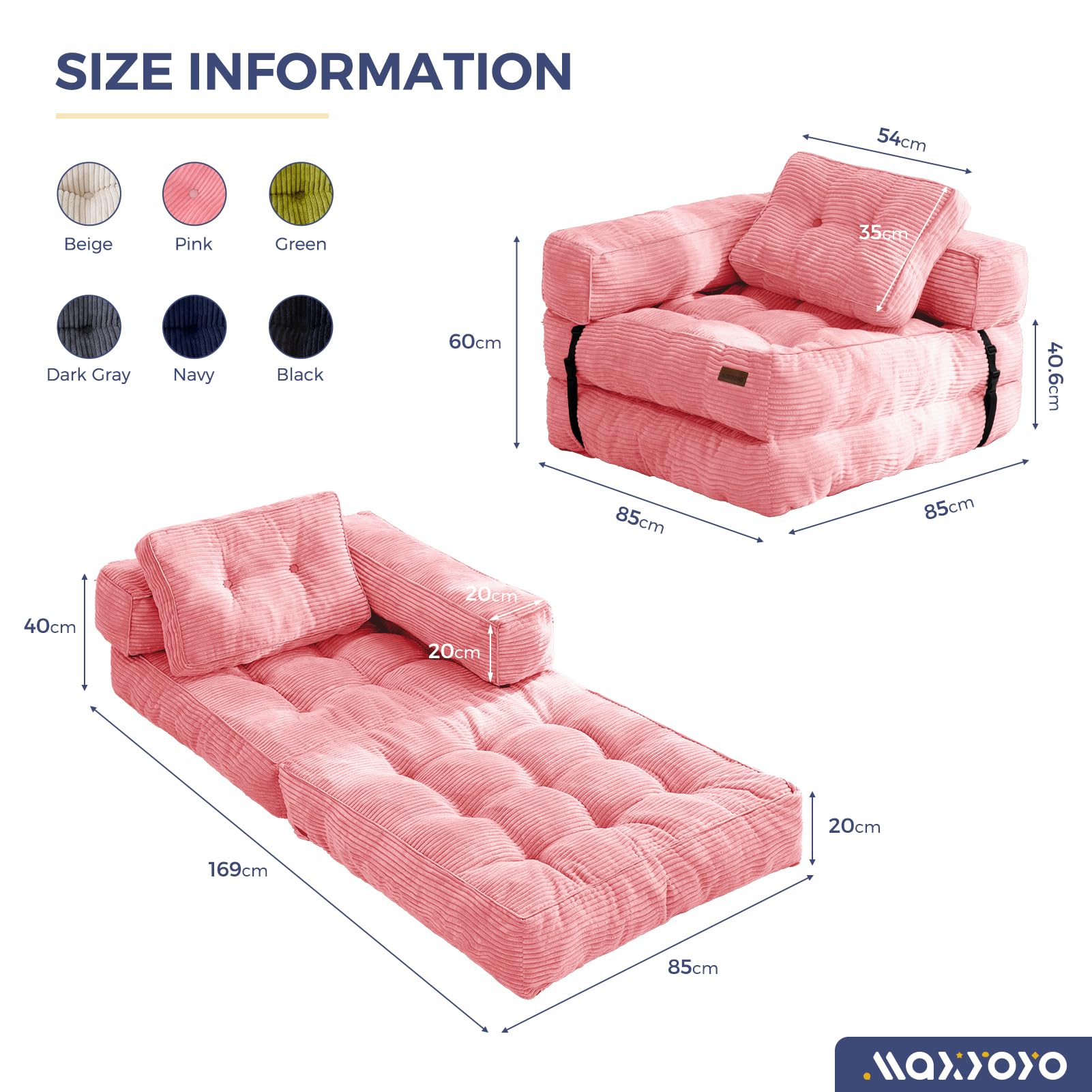 MAXYOYO Faltbares Schlafsofa,Cord Umwandelbarer Sofa Bett Schlafsessel mit Kissen,160x80 cm Komfortable Schlafcouch Bodensofa-Lounge für Schlafzimmer Wohnzimmer