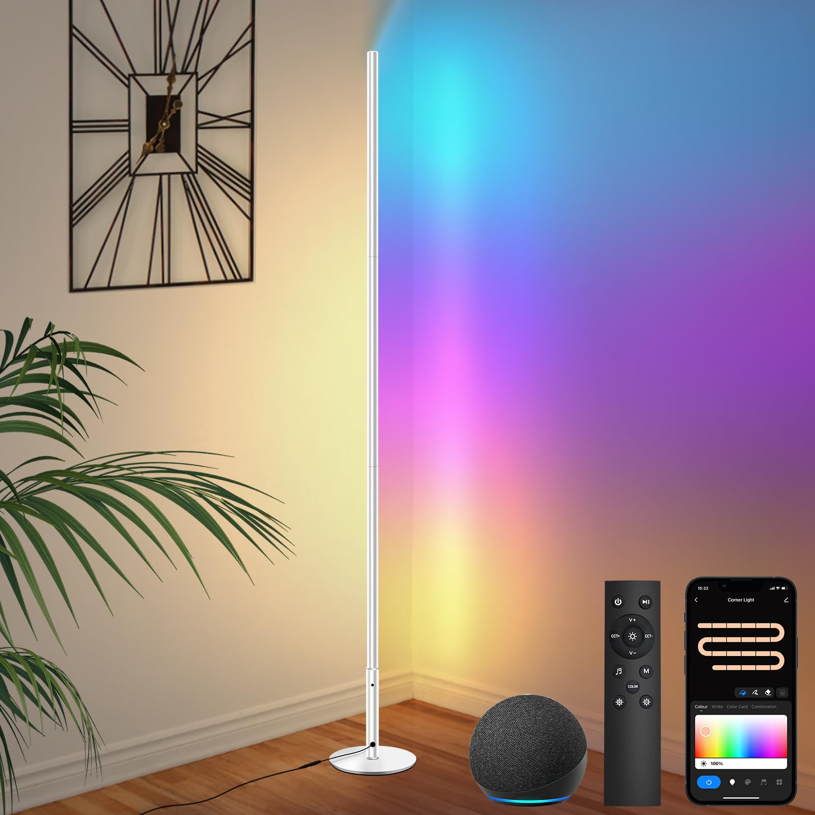Lampe Sur Pied LED WiFi Yicenscoltd - RGBCW, Compatible Alexa/Google Home, Télécommande Incluse