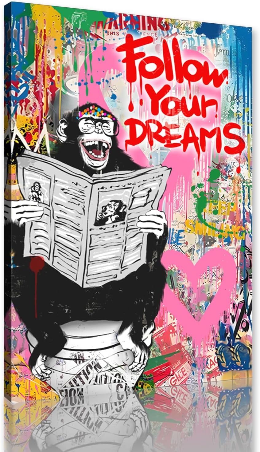 Monkey on Toilet Canvas Print Wall Art Follow Your Dreams Funny Wall Decor Animal Graffiti Poster Framed Artwork for Living Room Bedroom Bathroom Decoration Ready to Hang 12x16inch