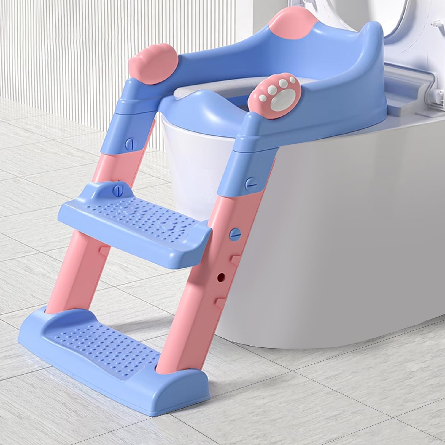 EXELNTPotty Training Seat with Step Stool Ladder，Toilet Seat with Stairs, Armrest and Comfort Cushion Toilet Seat,Non-Slip Height-Adjustable Foldable Toilet Trainer for Boy and Girl (Blue)