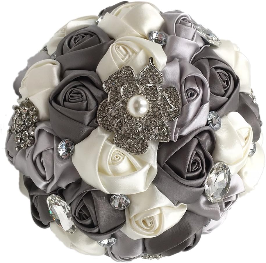 Abbie Home 8" Bridal Bouquet with Crystal Rhinestones Ivory Grey Rose Wedding Holding Flowers (Grey)