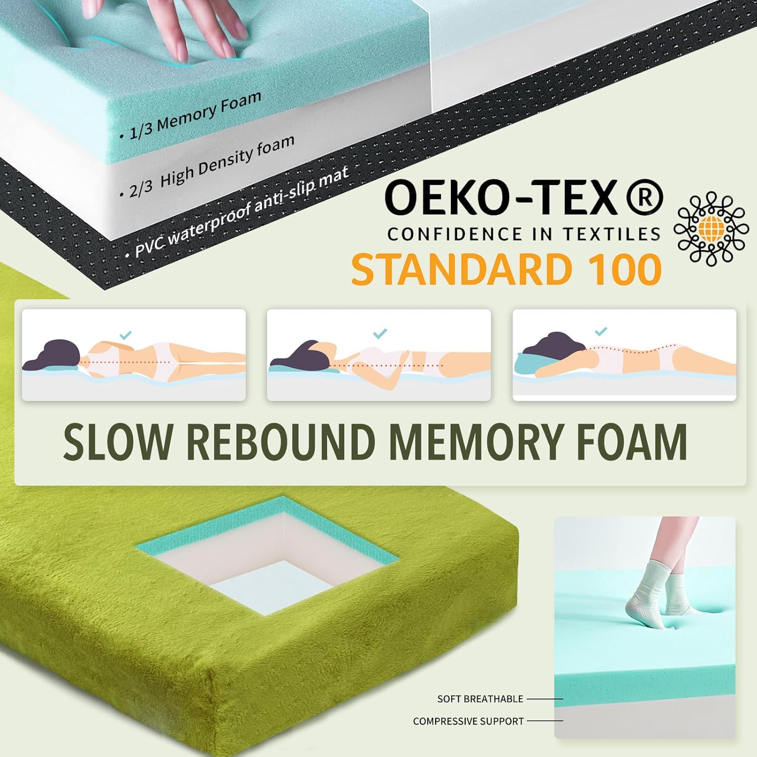 Sleeping Pad,3-inch Thick Memory Foam Camping Mattress,Portable Roll-Up Mat for Car/Tent/Floor/Cot/Travel,Comfortable Pad for Guests Sleepover Grass Green Twin:75*38*3"