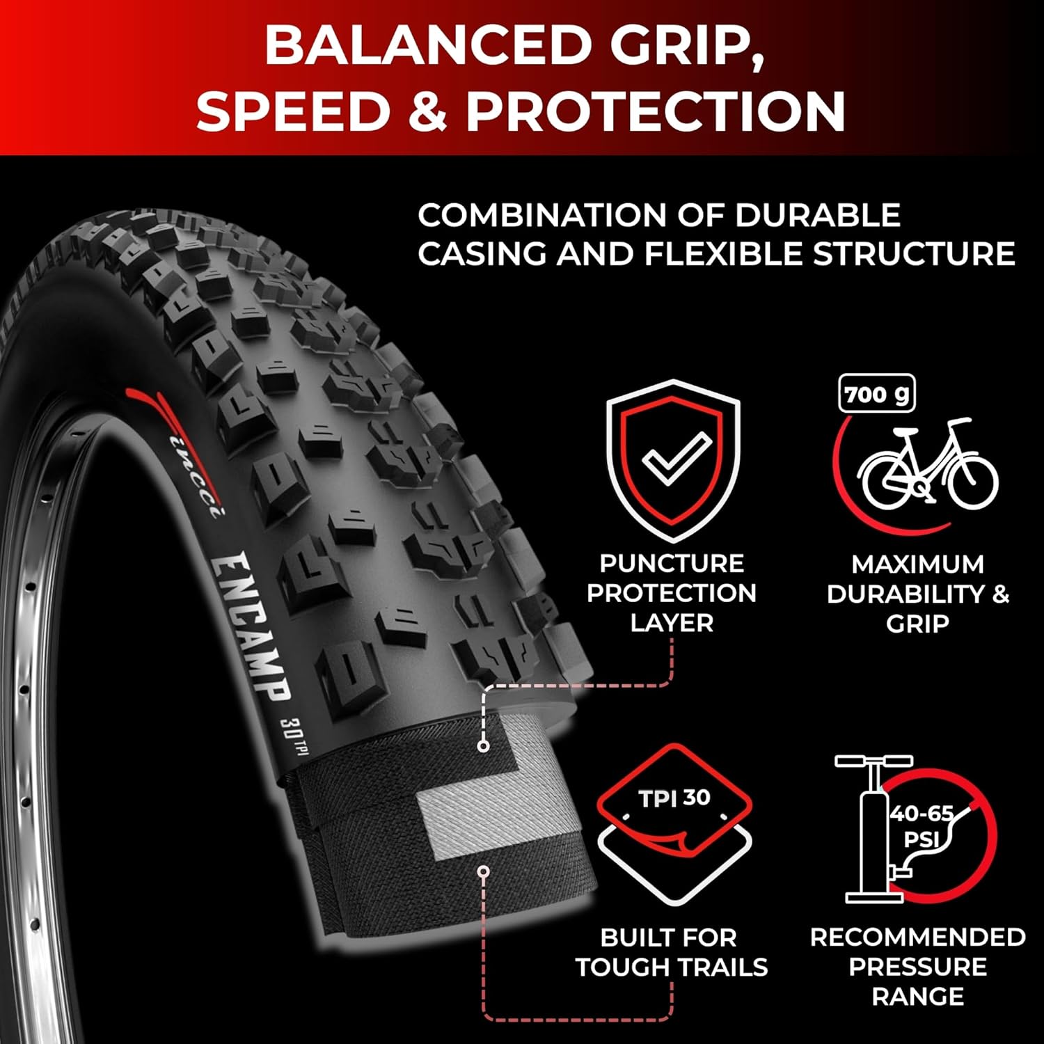 Fincci MTB 26x1.95 Bike Tire - XC Knobby 26 inch Bike Tires - 50-559 Black Foldable Mountain Tires with Kevlar - 26" Wheelset for Electric, Folding, Enduro, Offroad, Hybrid Bikes, MTB Accessories