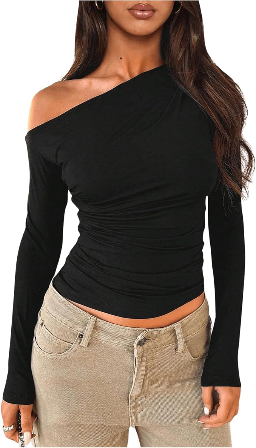 SHENHE Women's Off Shoulder Long Sleeve Fitted Tee Shirt Boat Neck Dressy Going Out Top