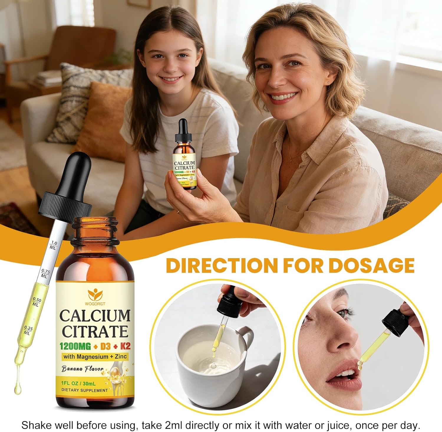 Calcium Citrate 1200mg Liquid Supplement with Vitamin D3 for Women & Men - Calcium Magnesium Zinc D3 K2 Supplement for Bone, Teeth, Immune Support - Sugar Free, Vegan, Banana Flavor - 1 Fl Oz (2 Pack)