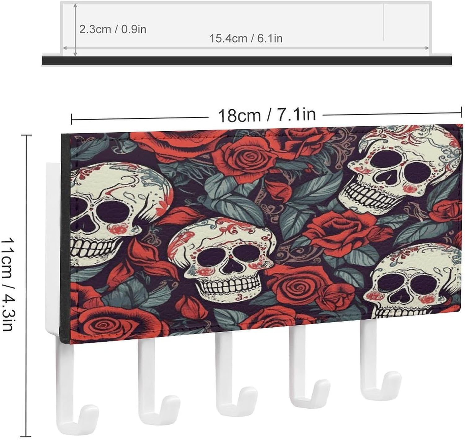 Key Holder Wall Mount Key Hanger with 5 Hooks, Decorative Key Rack | Sugar Skulls And Red Roses Hanging Key Hooks with Mail Organizer for Wall Living Room Kitchen Bathroom Hallway