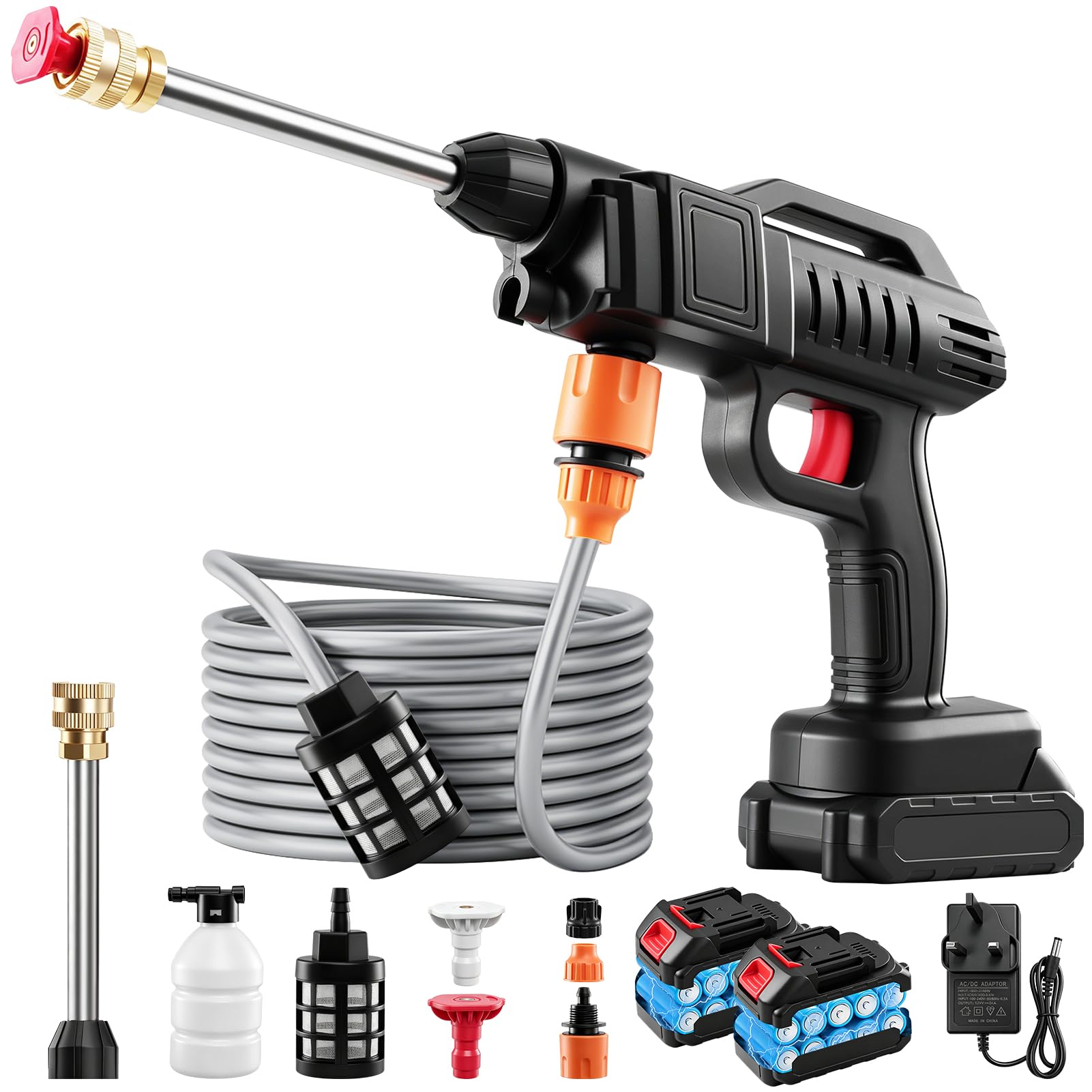 RugoTech 1500W-Cordless Pressure Washer, 21V Power Washer High, Power Washer Machine 60 Bar with 2 Nozzles, 2000mAh Battery 16.4FT, Portable Pressure Washer for Watering Flowers, Cleaning Car Floors
