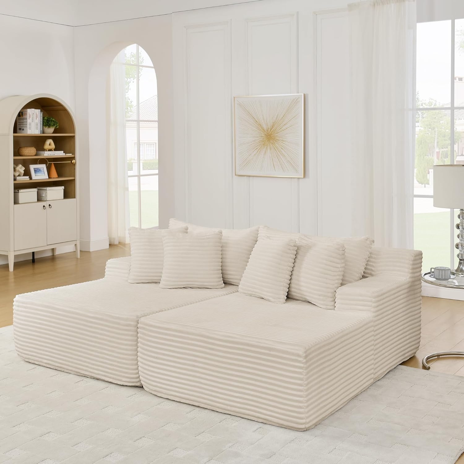 83" Double Chaise Lounge Chair Indoor, Oversized Comfy Plush Corduroy Upholstered Boneless Sofa Bed, Modern Deep Seat Sleeper Cloud Loveseat Large Reading Chair Bed, No Assembly Required (Beige)