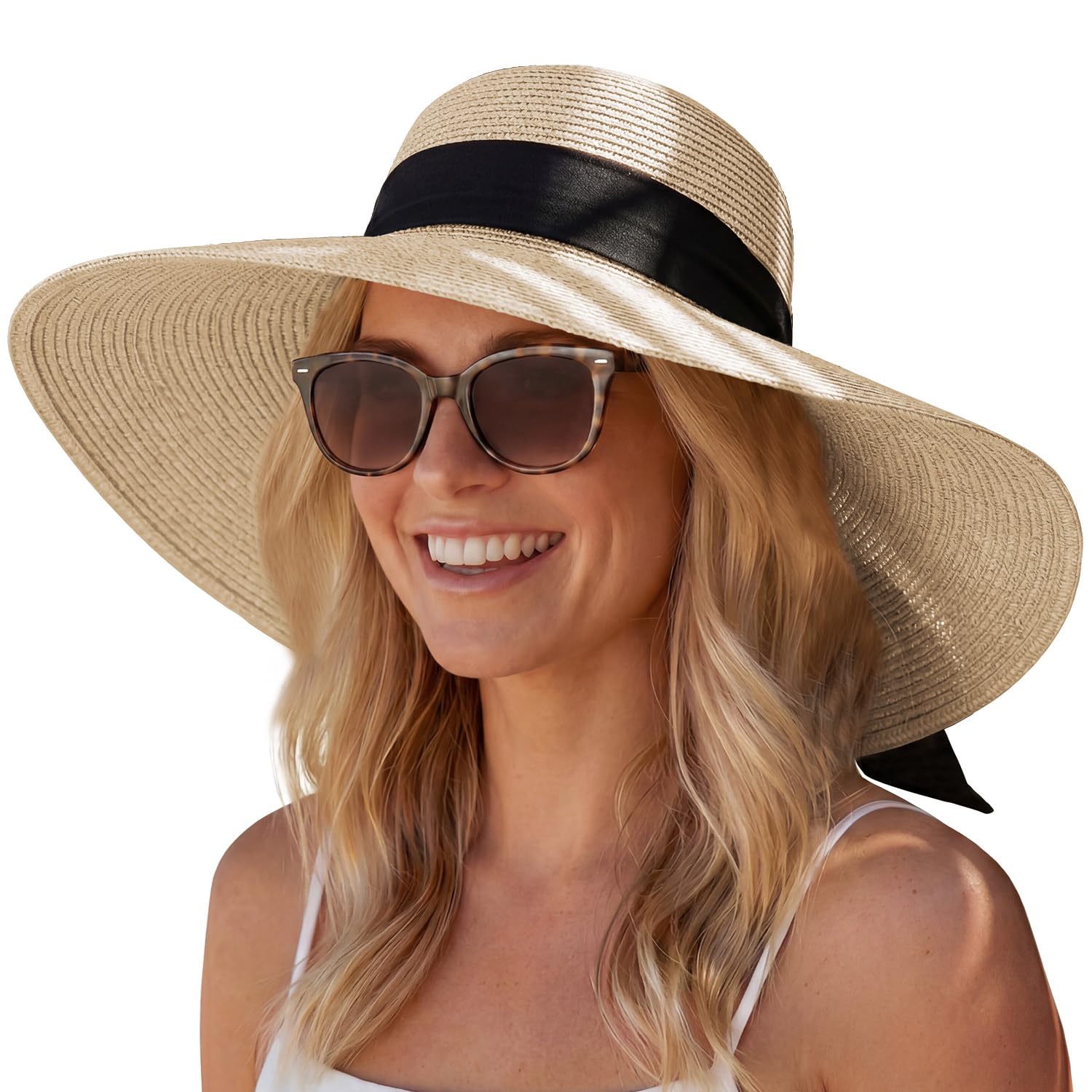 Hat Hut Women's Beige Mix Wide Brim Straw Sun Hat Upf 50+ Uv Protection Packable Floppy Beach Sun Hats For Summer (Uk, Alpha, M, )