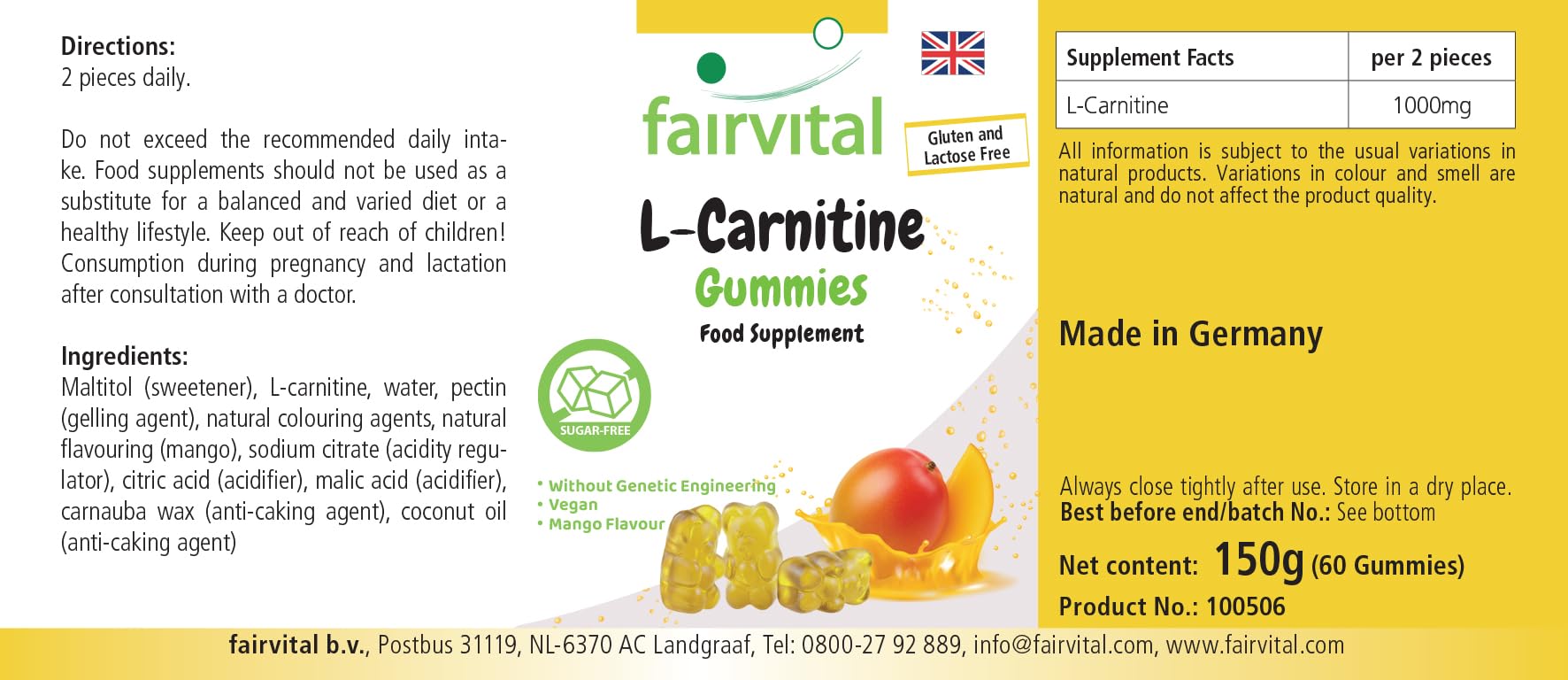 Fairvital | Żelki L-karnityna – 60 sztuk – 1000mg w dziennej dawce – smak mango – wysoka dawka – 100% wegańskie + bez cukru – sprawdzona jakość i wysoka dawka – wyprodukowane w Niemczech
