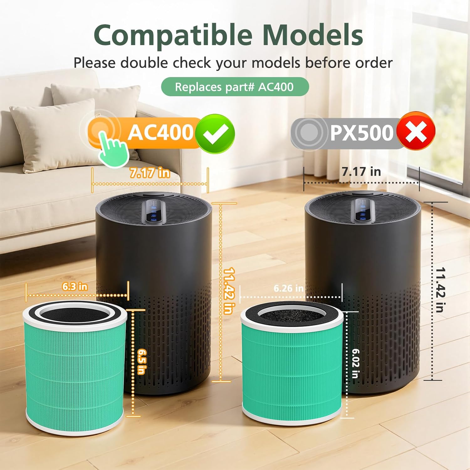 2 Pack AC400 Air Purifi-ers Replacement Filt-er for Purivortex AC400 Air Purifi-er, 3-in-1 HEPA Technology High Efficiency Toxin Absorber Filt-er, Green