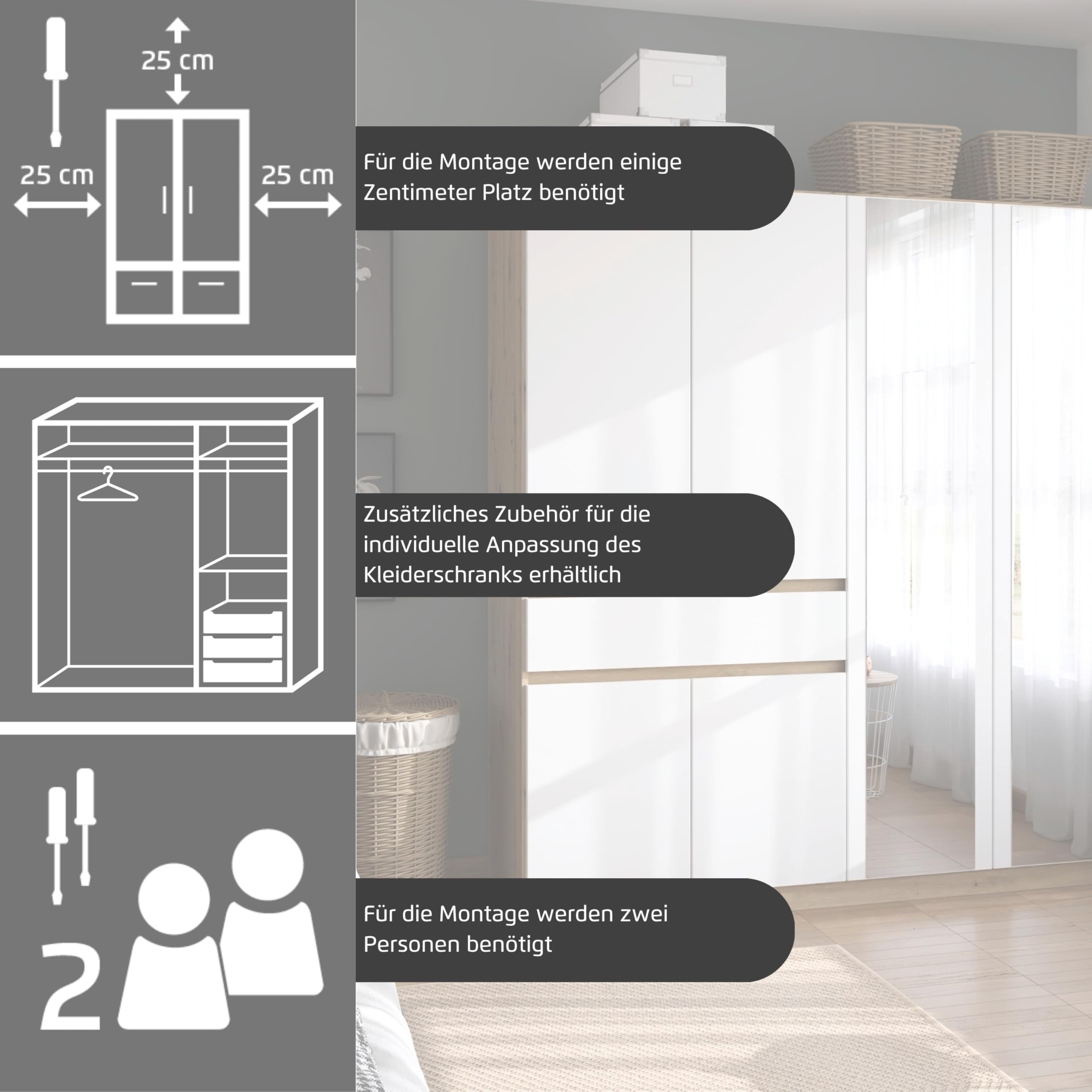 Rauch Möbel TÜBINGEN, Kleiderschrank, Weiß/Grau metallic, Breite 181 cm | Schrank, Kinderkleiderschrank, 6-türig, Spiegel, 1 Schublade, Push-to-open, für Schlafzimmer, Kinderzimmer, Babyzimmer, Flur