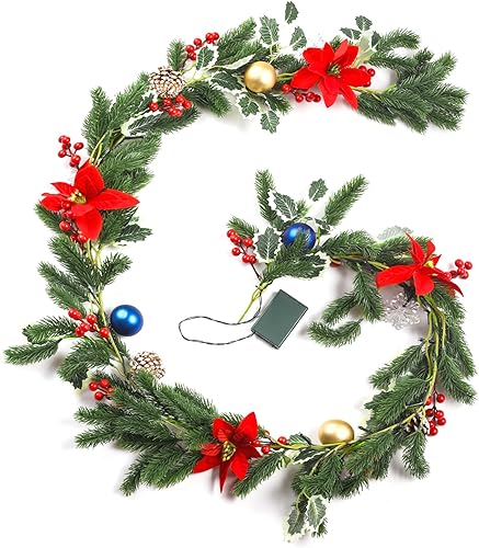 Guirnalda de Navidad con luces, guirnalda de pino del bosque de Rodelna con piñas flocadas de acebo, copos de nieve LED preiluminados de 6 pies,