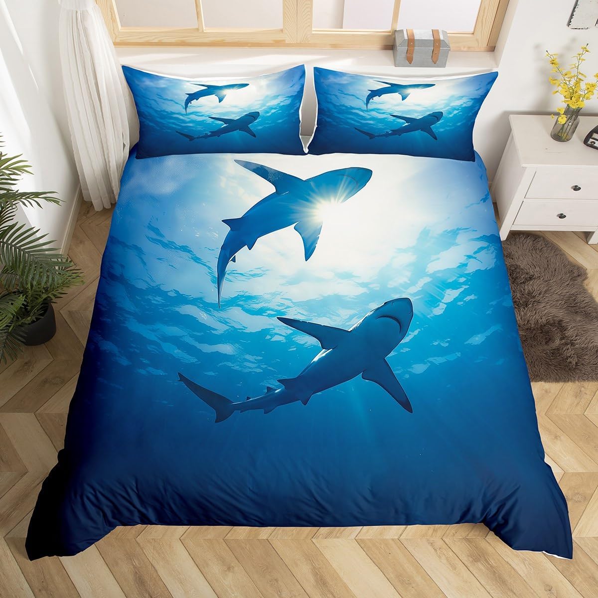 Ocean Themed Duvet Cover Twin, Boys Shark Comforter Cover, Marine Life Bedding, Underwater World Quilt Cover, Blue Sea Wave Fish Decor Bedspread Cover Soft Microfiber with 1 Pillow Case Zipper