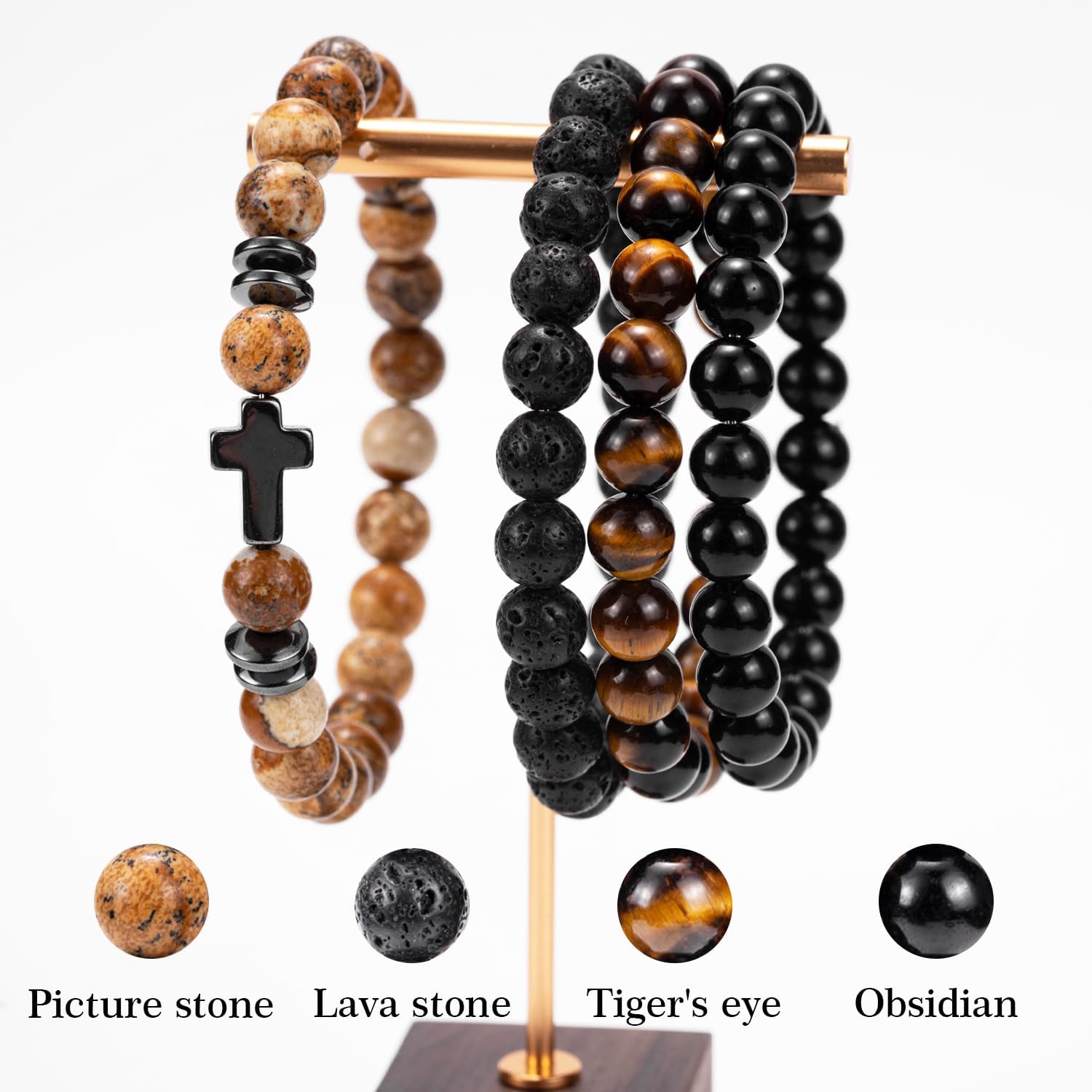 Men Beaded Bracelets, 8mm Natural Stone Bracelet, Healing Crystal, Jewelry Gifts for men, Triple Protection, Tiger Eye, Black Obsidian Beads Bracelets, Lava Rock, Pack of 4 - Image 2