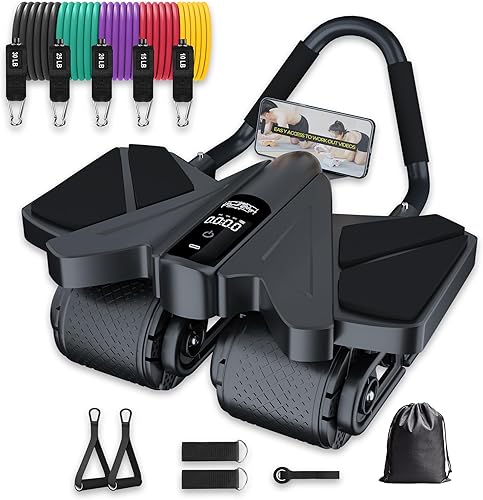Miniatura 7 de Ab Roller - Equipo de gimnasio en casa – Rodillo muscular de 4 ruedas con pantalla LCD, 5 bandas de resistencia, correas de tobillo, anclaje