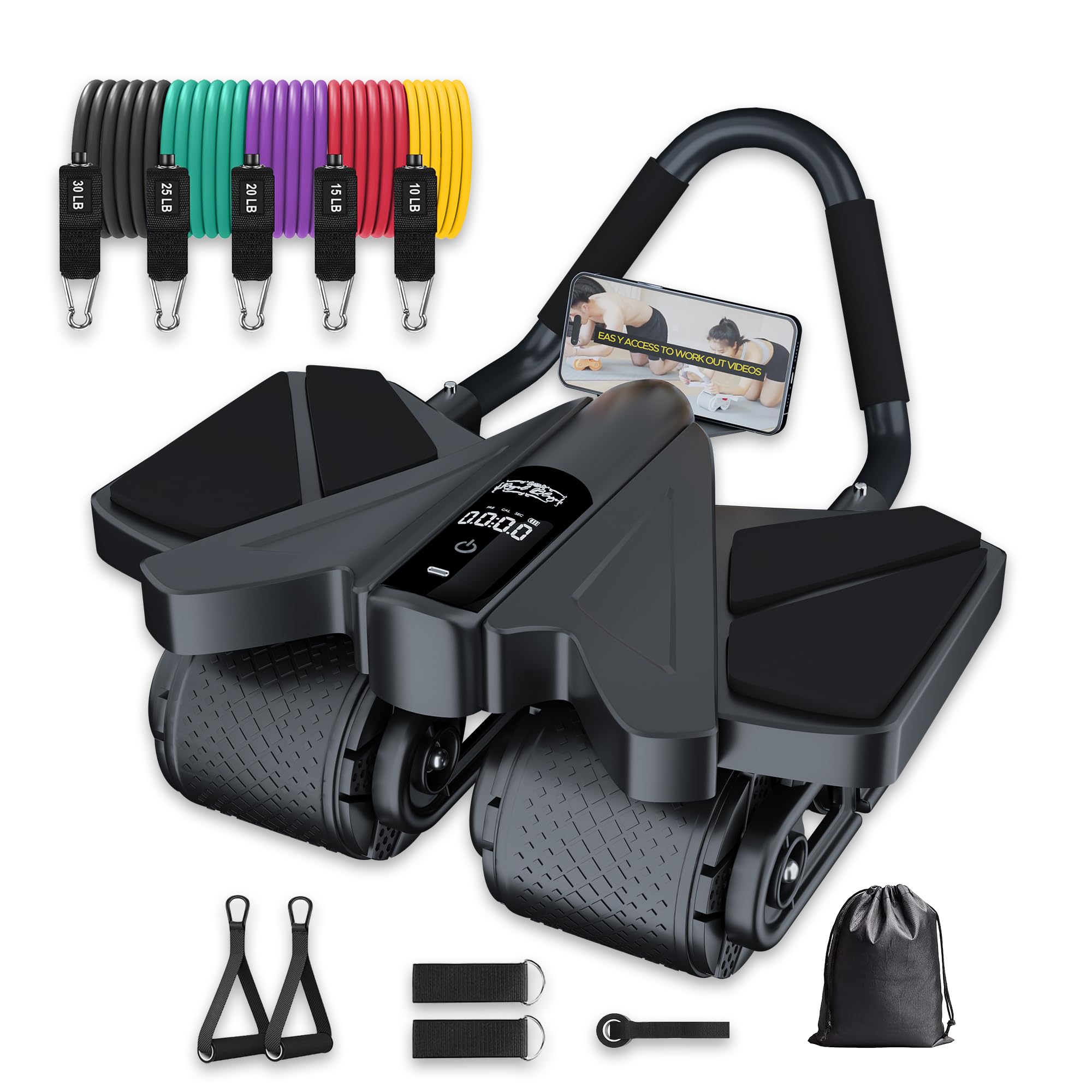 Bauchmuskel-Roller für Zuhause – 4 Räder Bauchmuskelroller mit LCD-Bildschirm, 5 Widerstandsbänder, Knöchelriemen, Türanker, Griffe, Reisetasche, bequeme Ellenbogenstütze mit rutschfesten Griffen