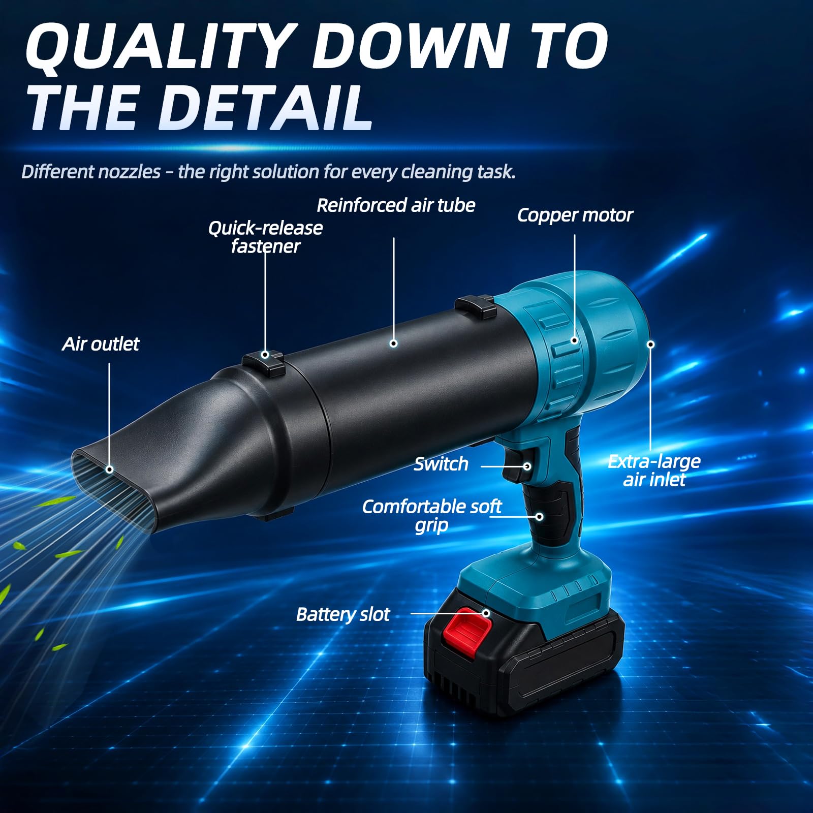 Akumulatorowa dmuchawa do liści, turbo, kompatybilna z Makita 18 V – 80000 obr./min, 60 m/s i 850 g – w zestawie 2 x akumulatory 2000 mAh, 3 dysze, niebieska (z akumulatorem)