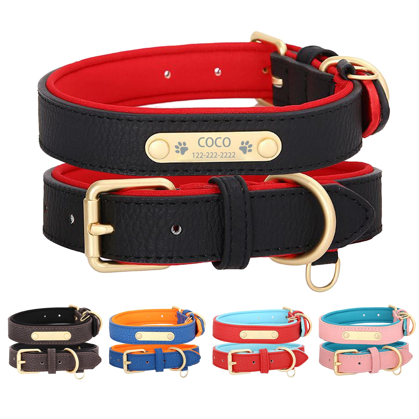 AASFK Personalised Engraved Dog Collar Leather Outer Soft Neoprene Lining Adjustable Two Colour Pet Collar For Puppy Medium Large Dog Daily Stroll Use (XL: Neck 53.5-63.5cm, Width 3.5cm)