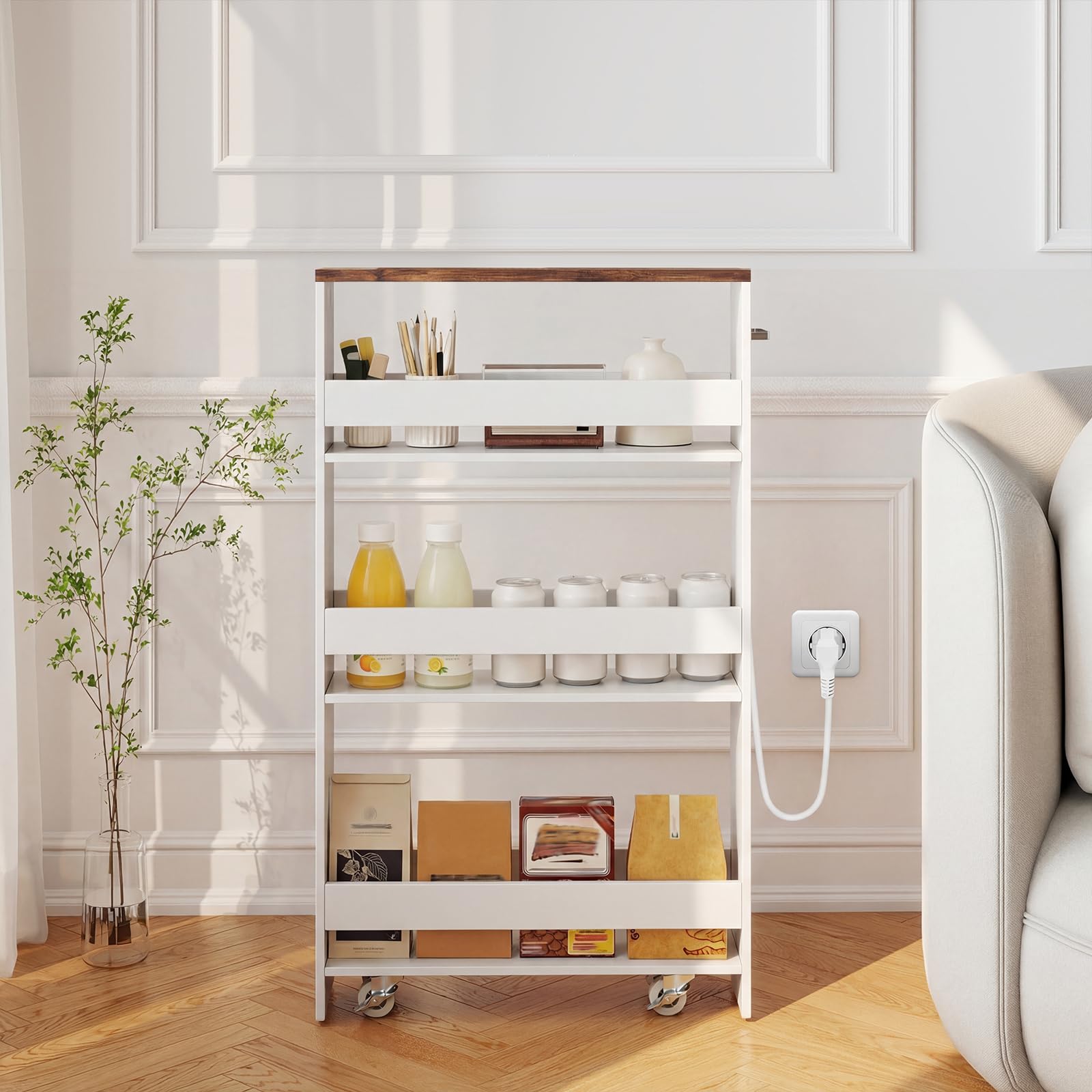 GOPLUS Carrito Auxiliar con Ruedas de 4 Niveles, Carro de Almacenamiento Estrecho con con Asa Lateral y Barandillas, Carro de Servicio Compacto con Enchufes, 47 x 13 x 80 cm (Blanco y Marrón)