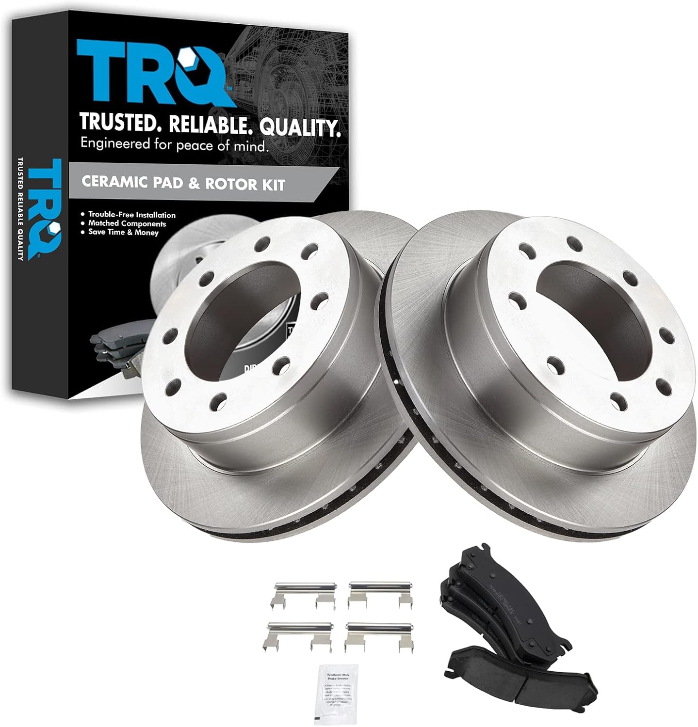 TRQ Rear Premium Posi Ceramic Disc Brake Pads & Rotors Kit Compatible with Chevy Truck