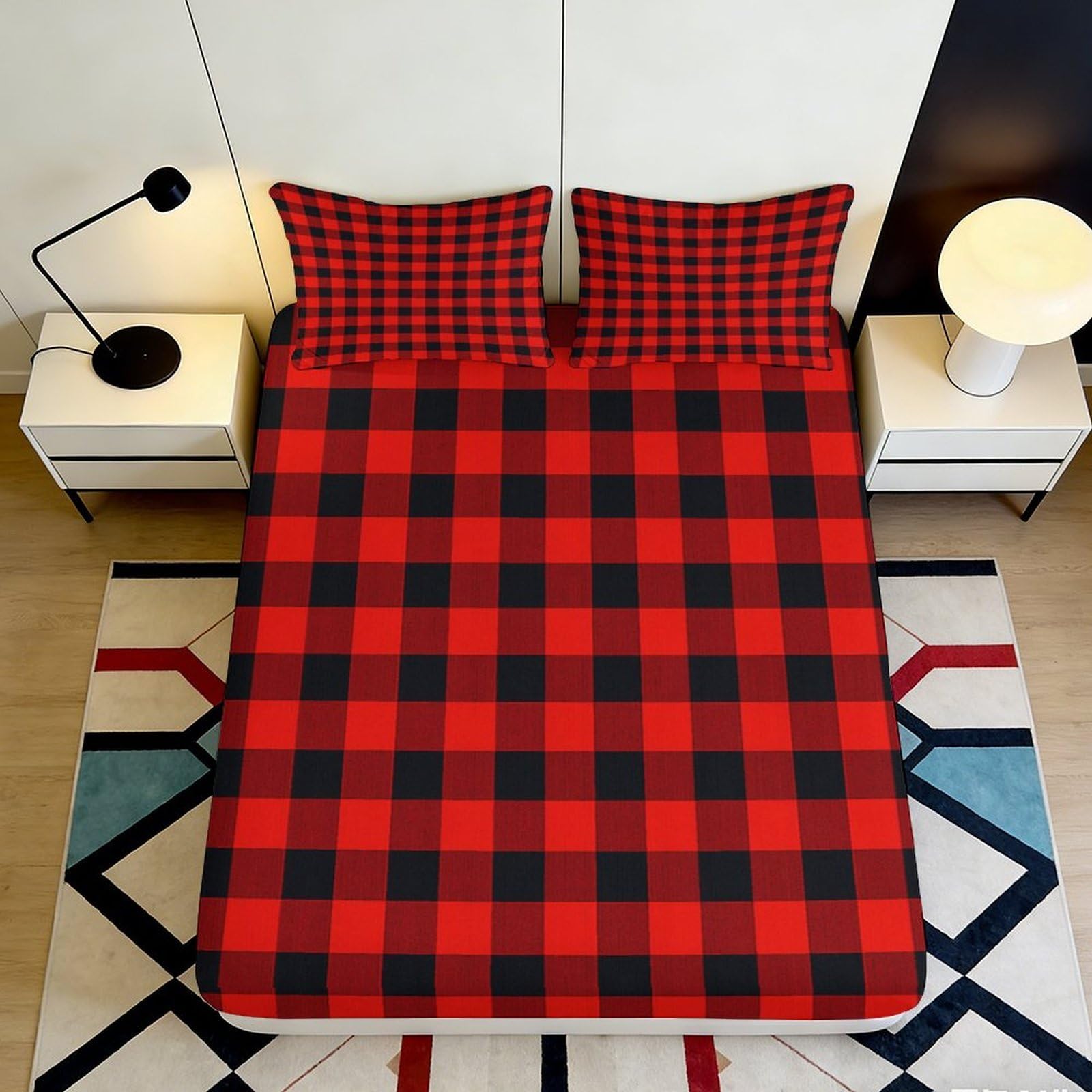 3D Printed Red Black Plaid Fitted Sheet Microfiber Soft Breathable Checkered Mattress Cover for Bedroom Guest Room Dorm Bed Protection Decor 90x200x25cm