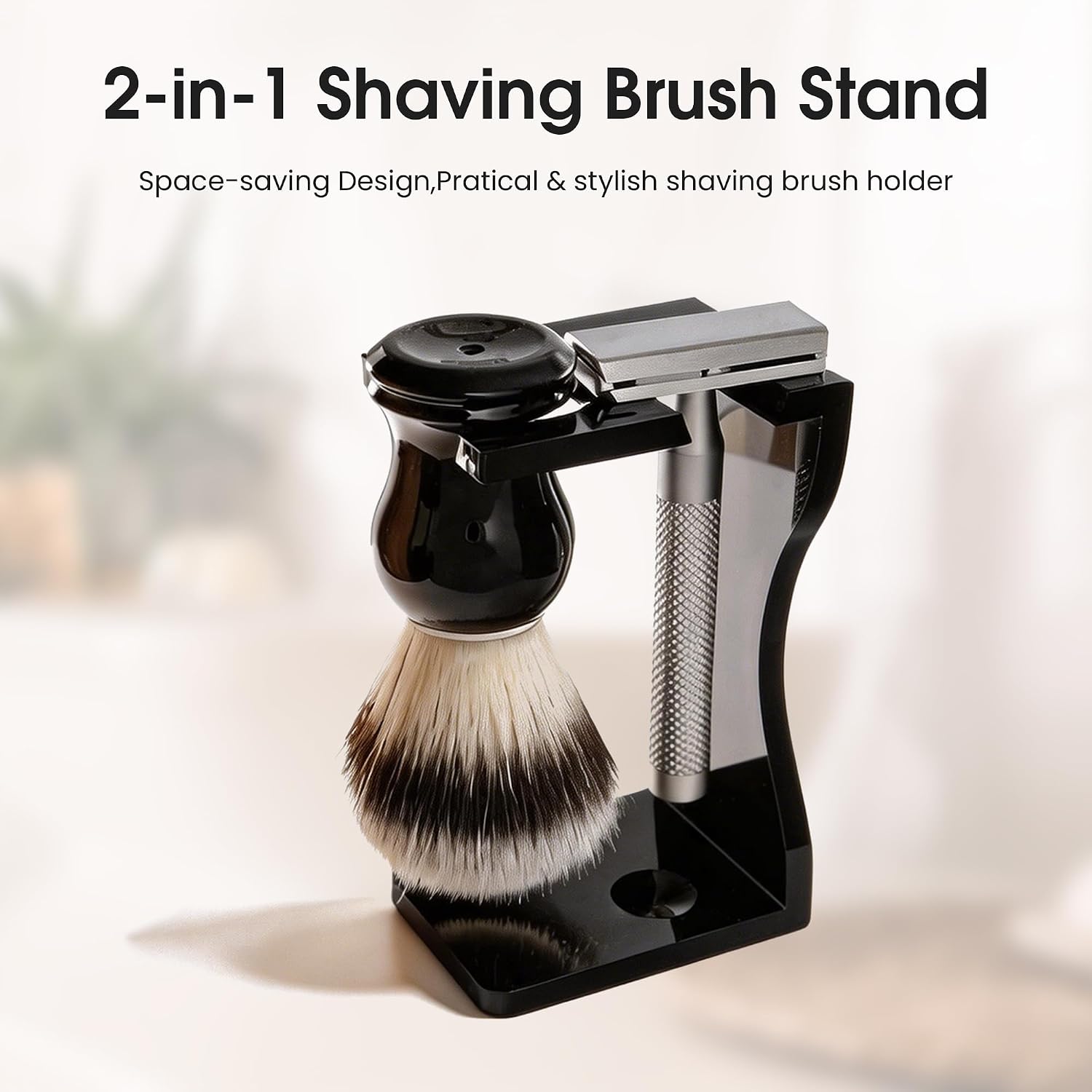 Keropy 2-in-1 Shaving Brush and Razor Stand, Black Acrylic | One-Piece Design, Universal Compatibility, Bathroom Storage Organizer, Grooming Gift for Men