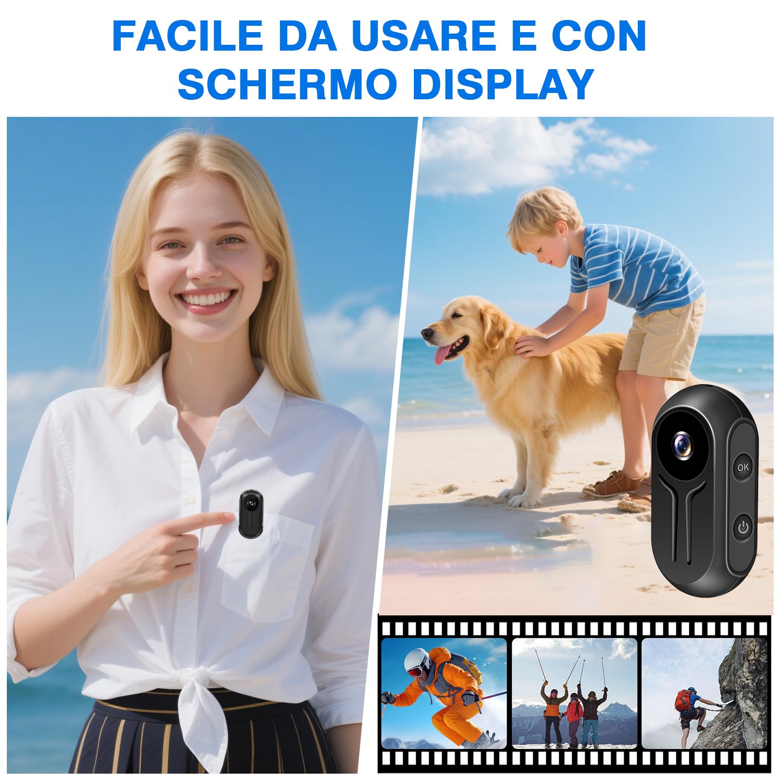 Action Camera, Mini Telecamera d'azione HD 1080P | Action Camera da Casco Sportivo a 120° con Schermo Magnetico e Display, Visione Notturna Automatica, Registrazione in Loop