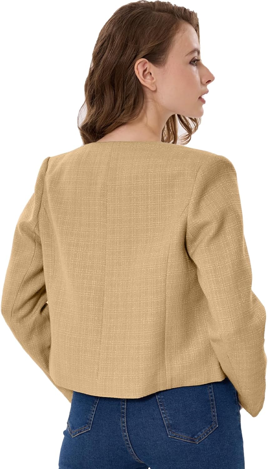 Women's Tweed Jacket Cropped Blazers Spring Summer Round Neck Business Work Office Plaid Jacket - Image 5